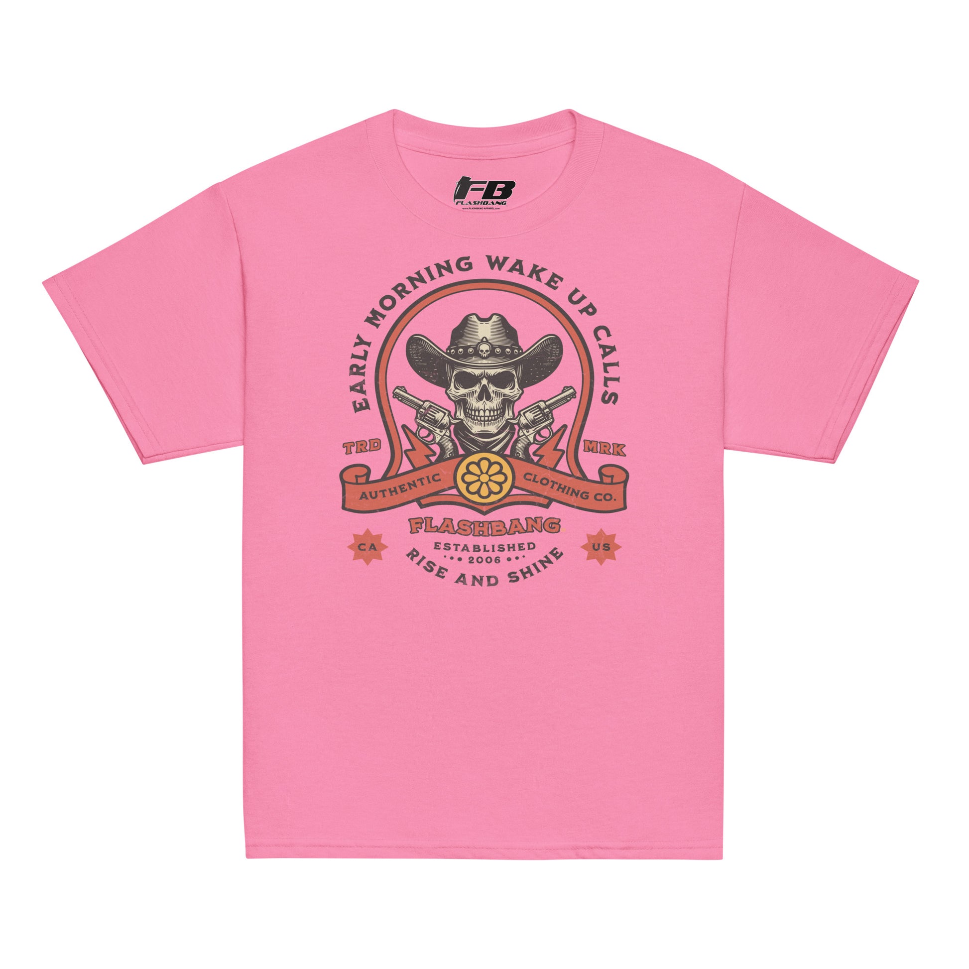 Pink t-shirt with a graphic design featuring a cowboy hat and skull on a white background