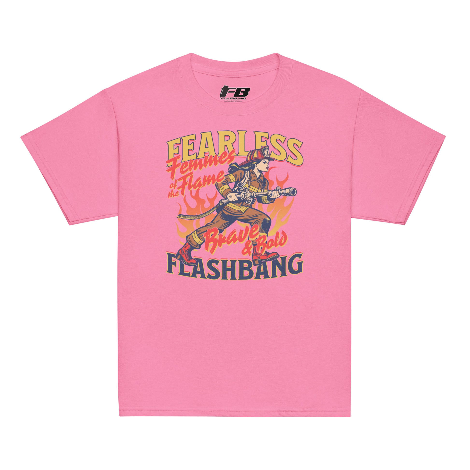 Pink t-shirt with graphic design and text on a white background
