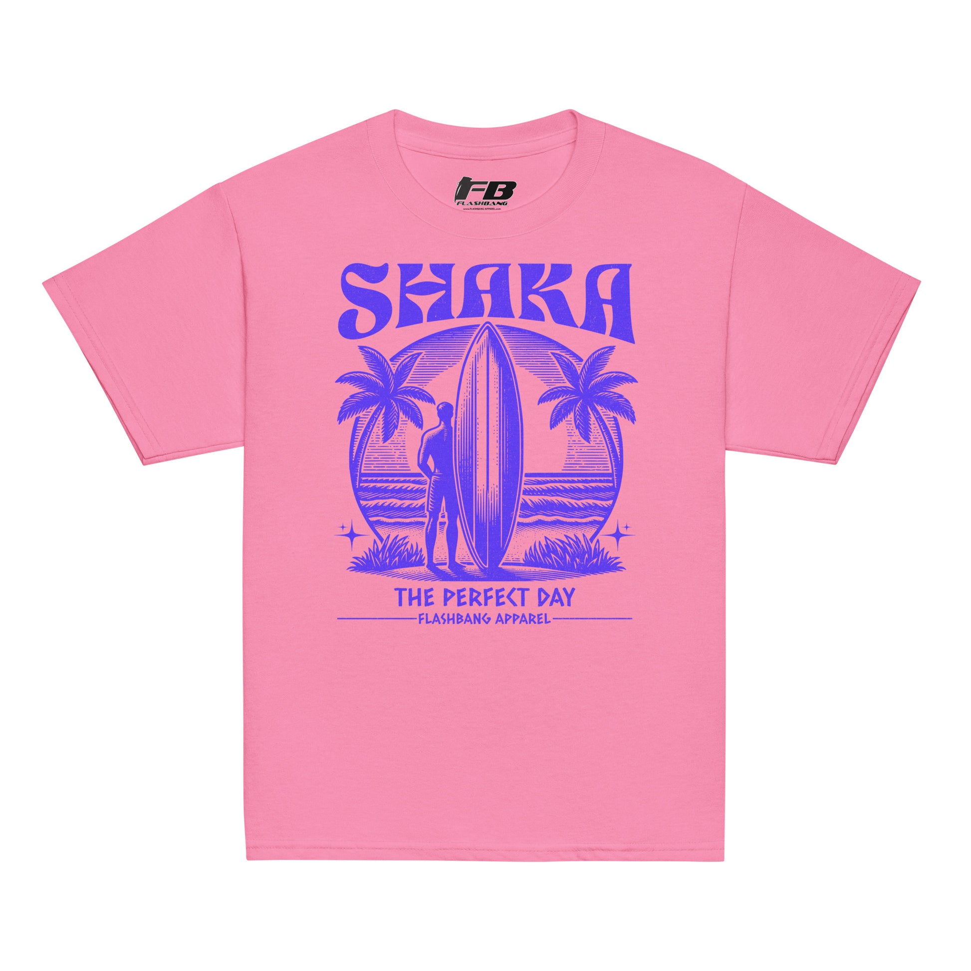 Pink t-shirt with blue graphic design and text on a white background