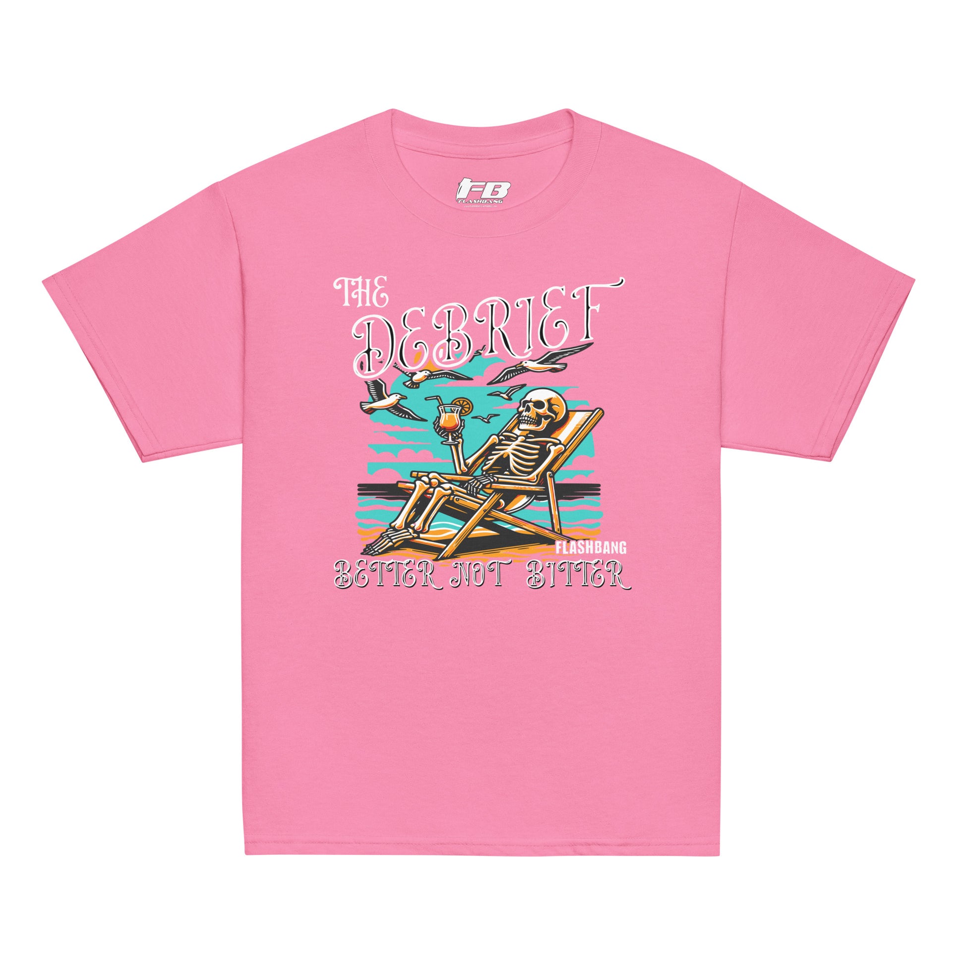 Pink t-shirt with a skeleton in a chair graphic and text on a white background