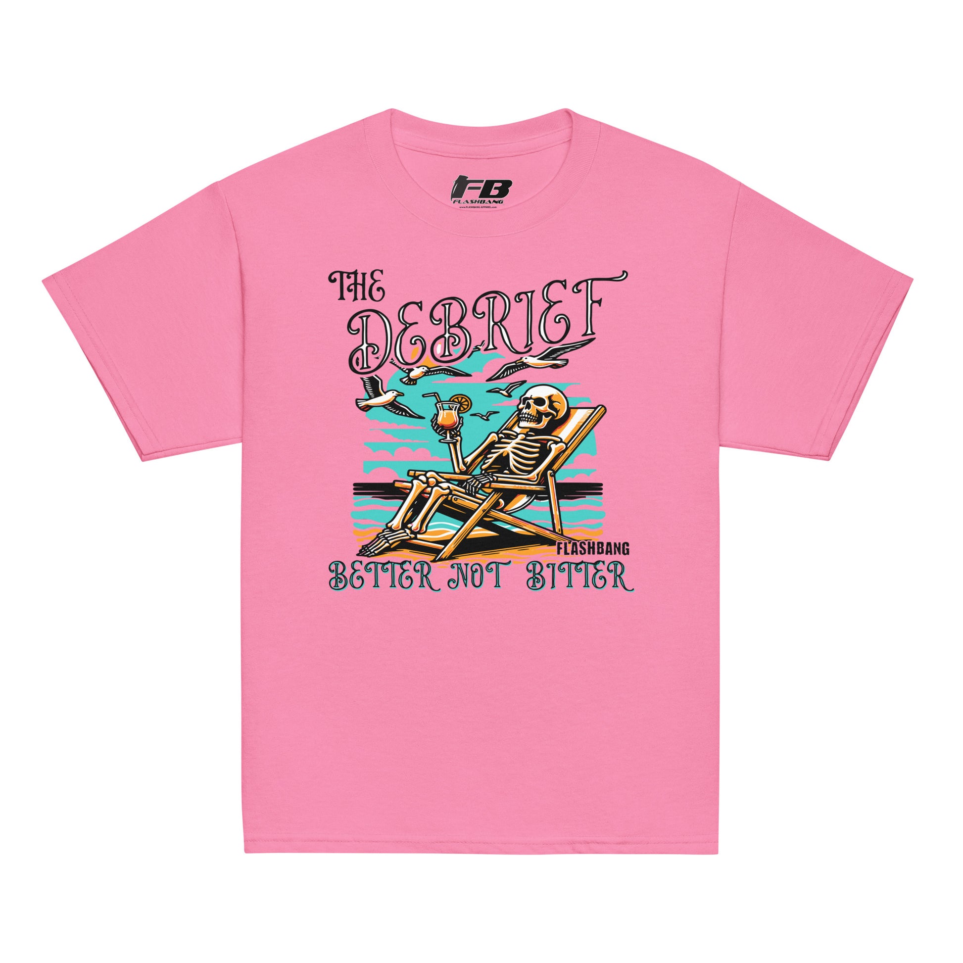 Pink t-shirt with a skeleton design and text on a white background