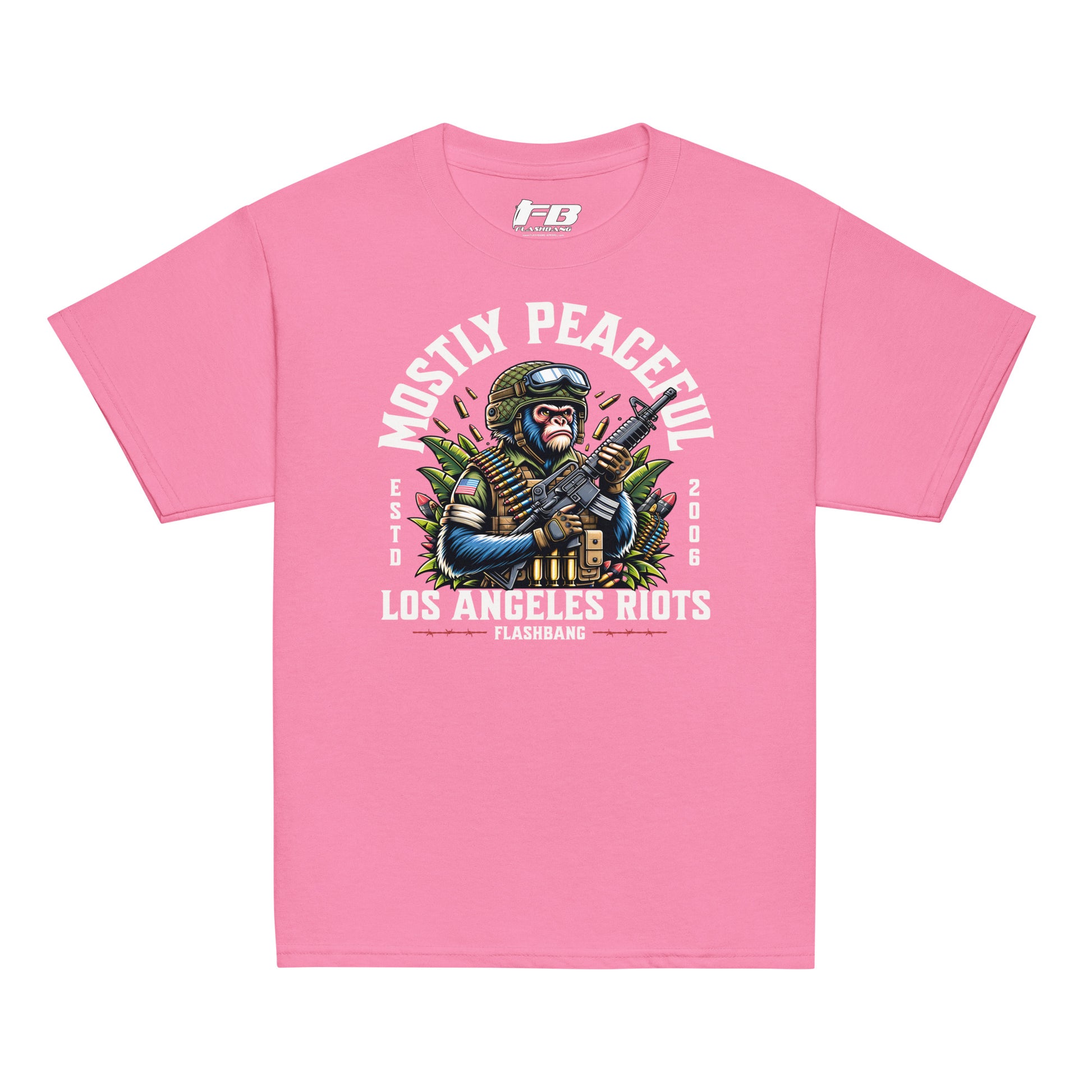 Pink t-shirt with graphic design and text on a white background