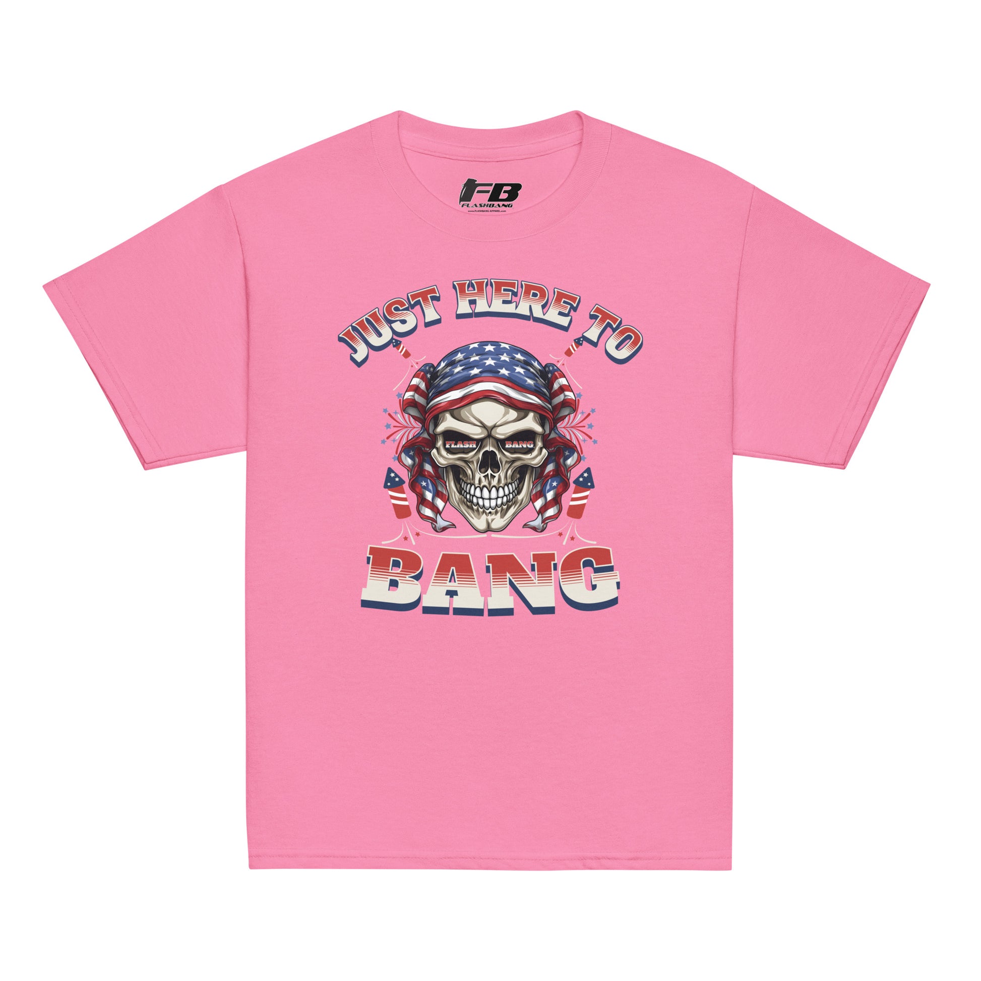 Pink t-shirt with skull graphic and text 'Just Here to Bang' on a white background