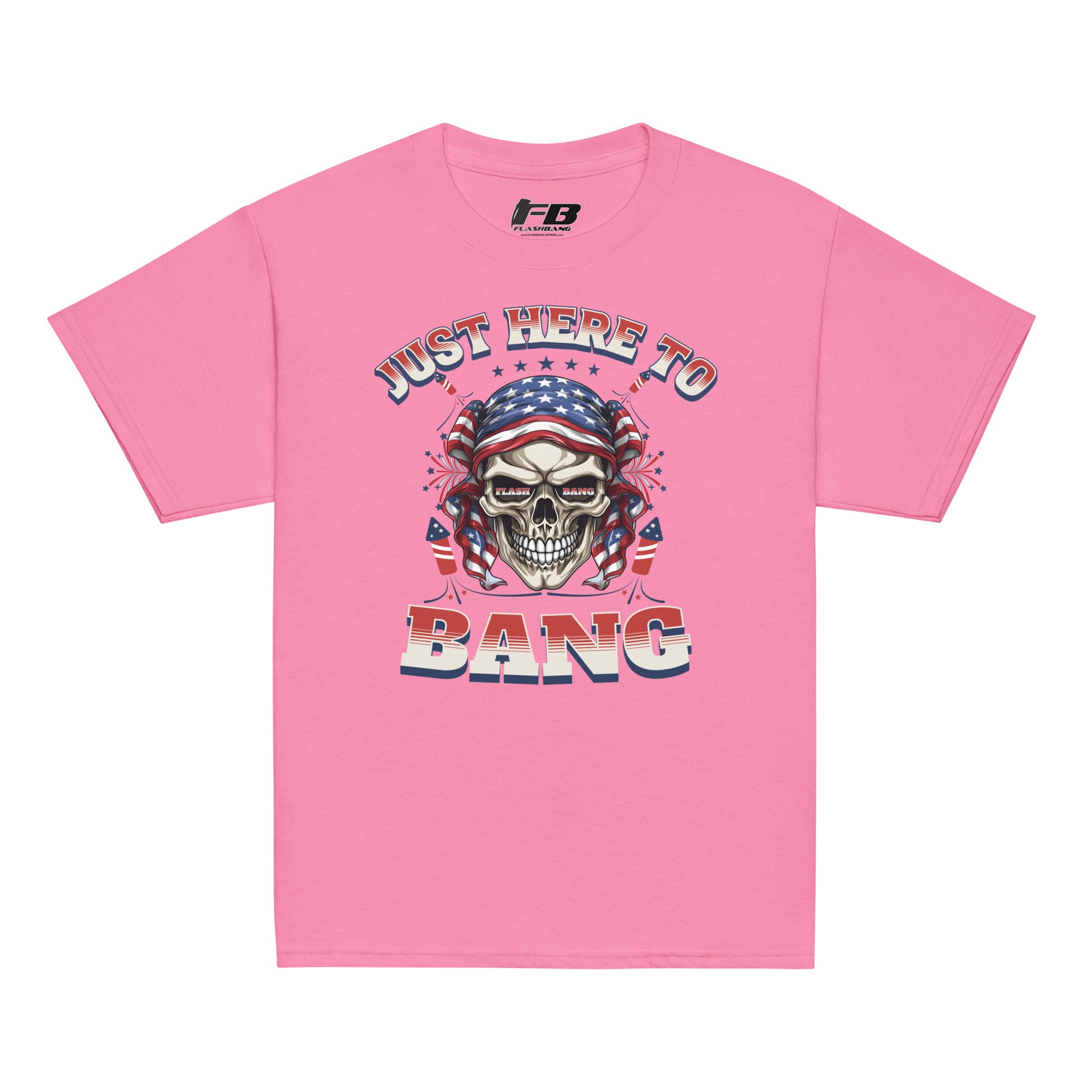 Pink t-shirt with skull graphic and text 'Just Here to Bang' on a white background