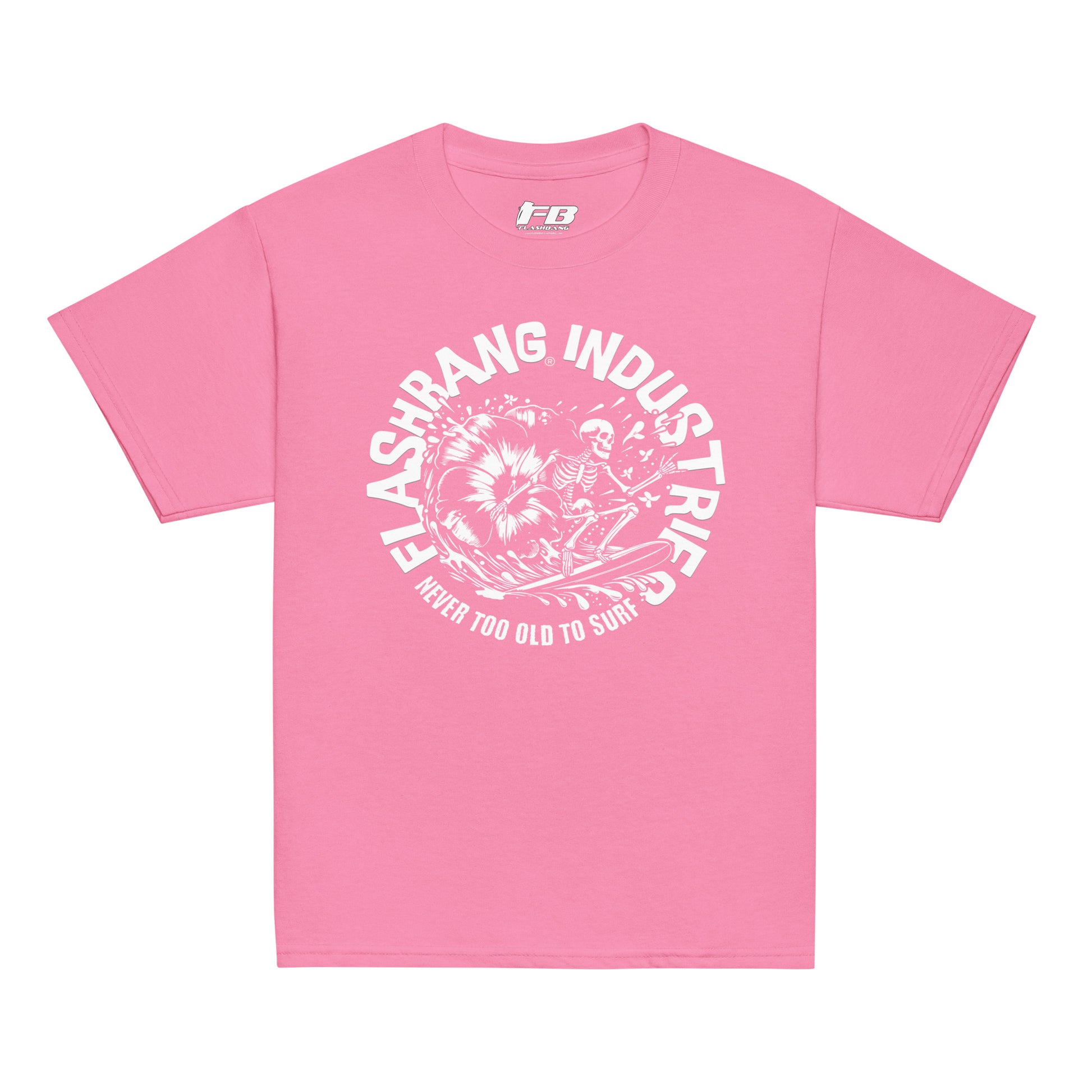 Pink t-shirt with white graphic and text on a white background