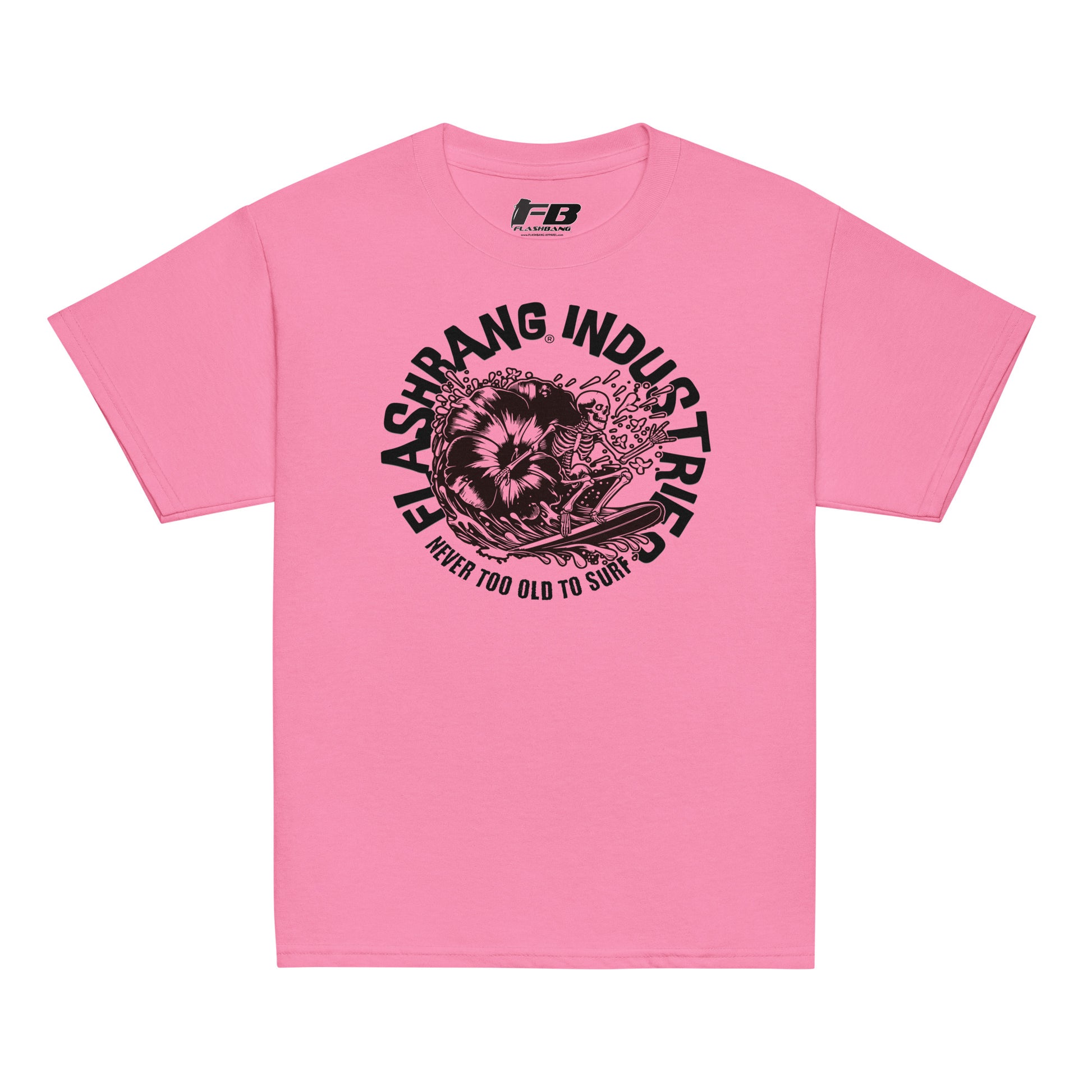 Pink t-shirt with black graphic and text on a white background