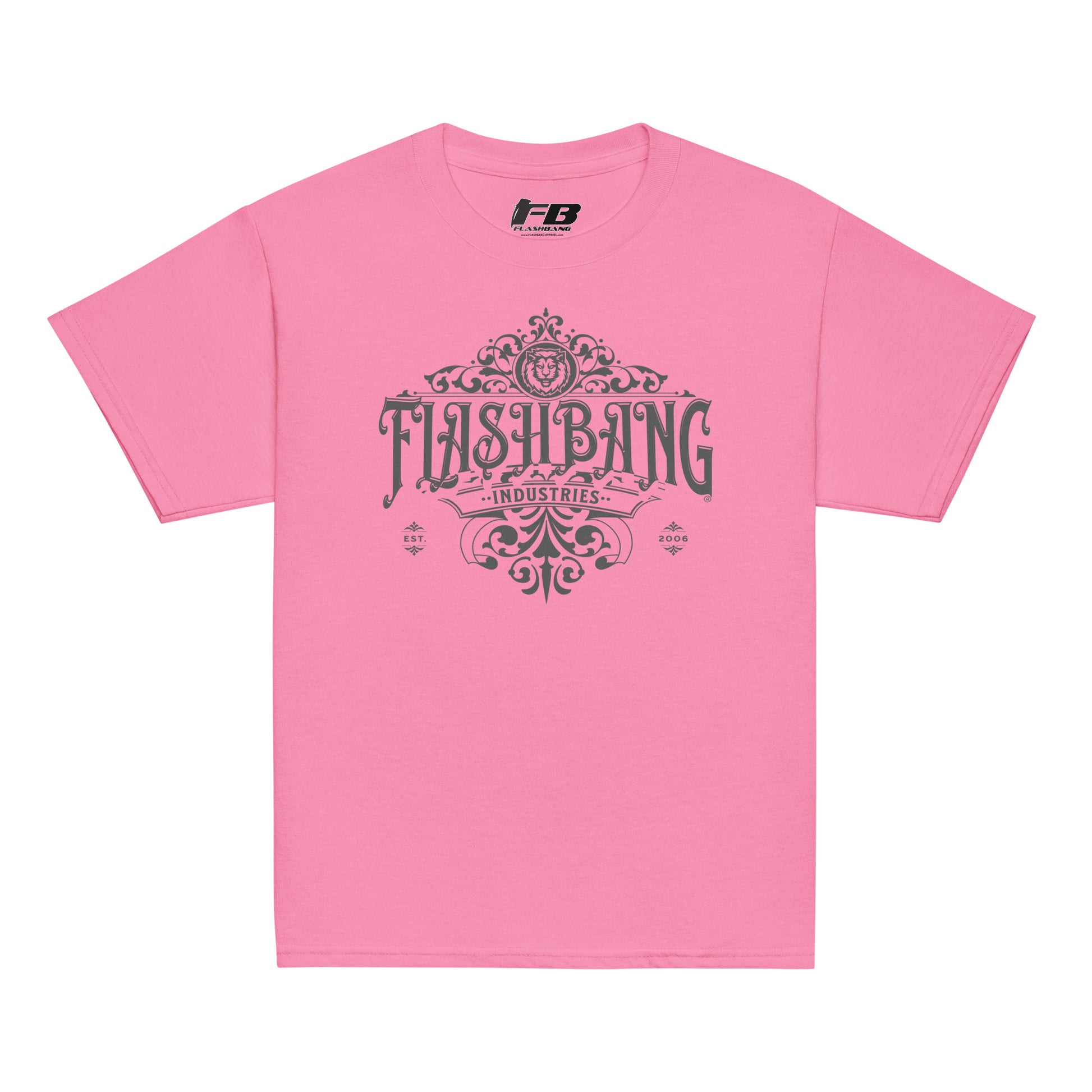 Pink t-shirt with 'Flashbang Industries' logo on a white background