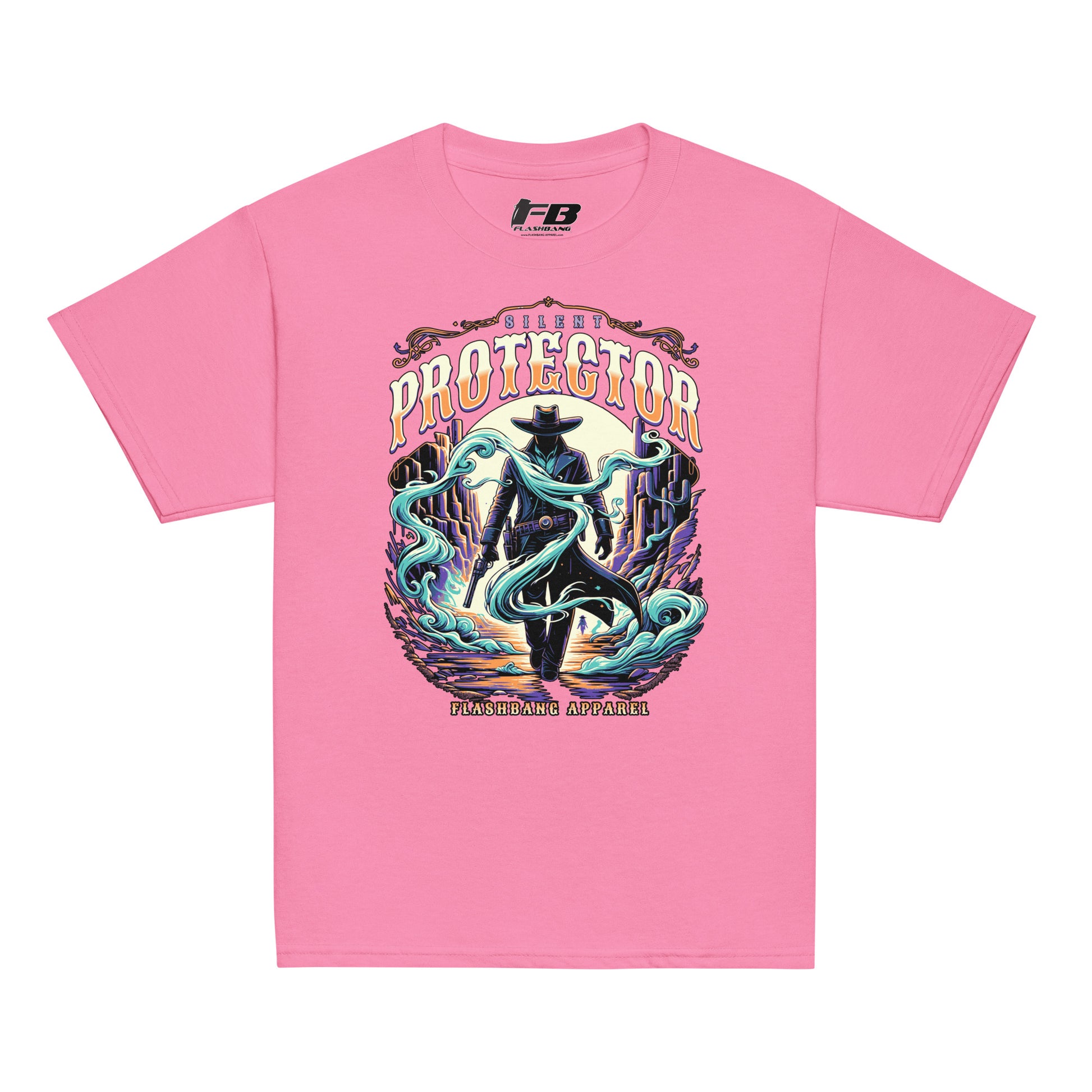 Pink t-shirt with a graphic design of a cowboy and text on a white background
