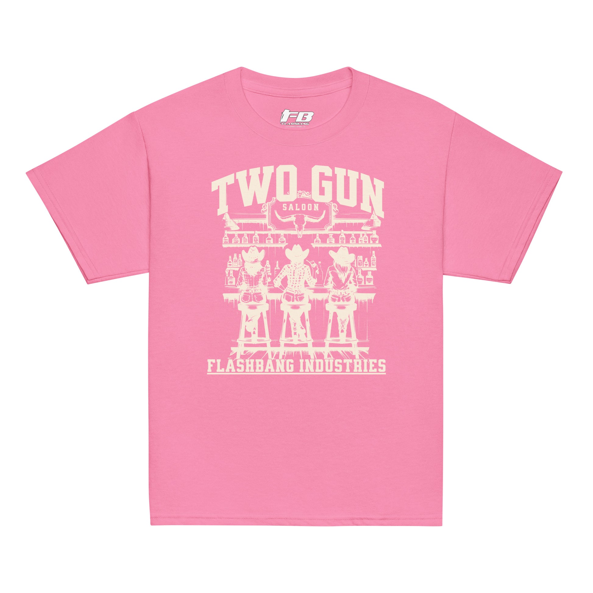 Pink t-shirt with white graphic design on a white background