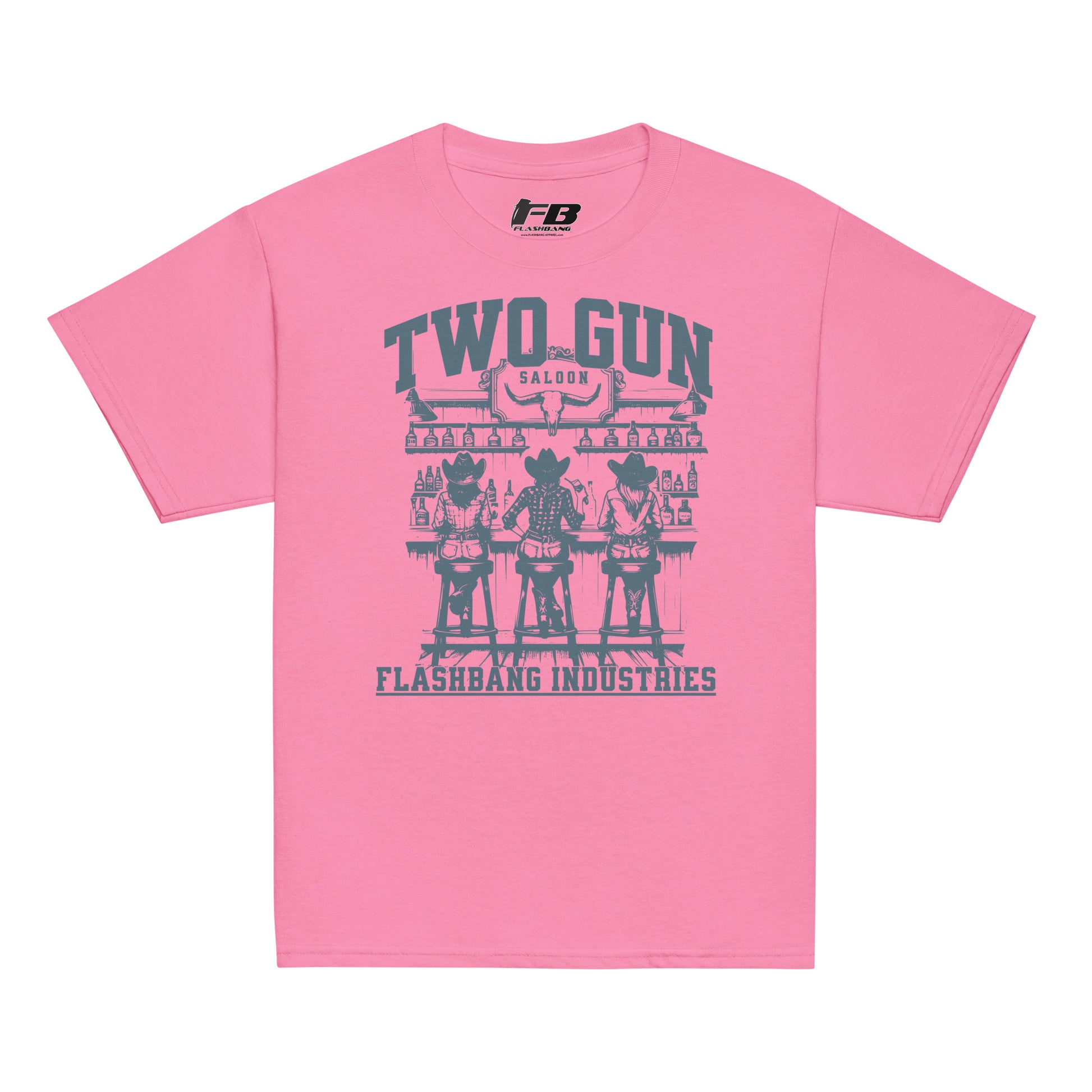 Pink t-shirt with graphic design and text on a white background