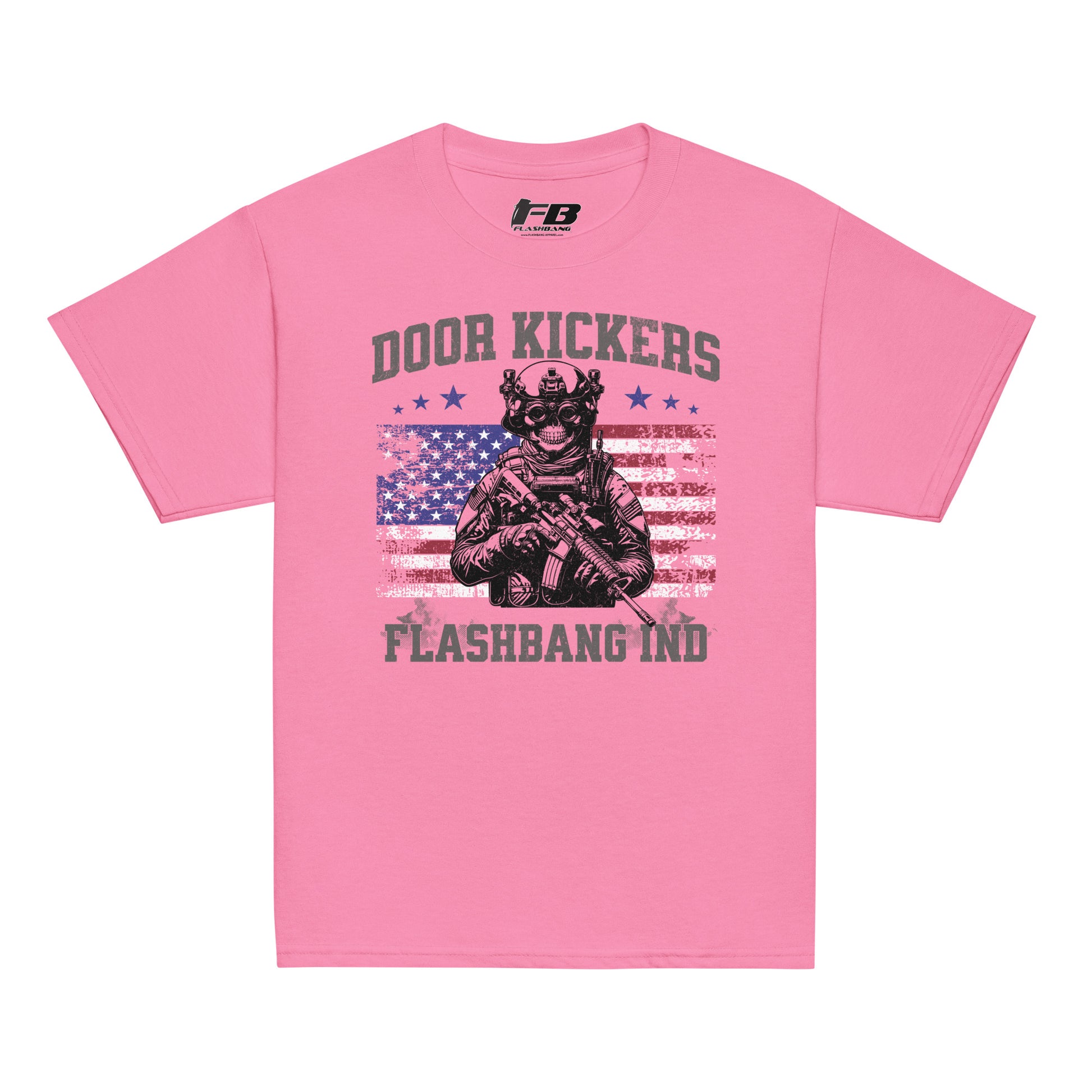 Pink t-shirt with graphic design and text on a white background