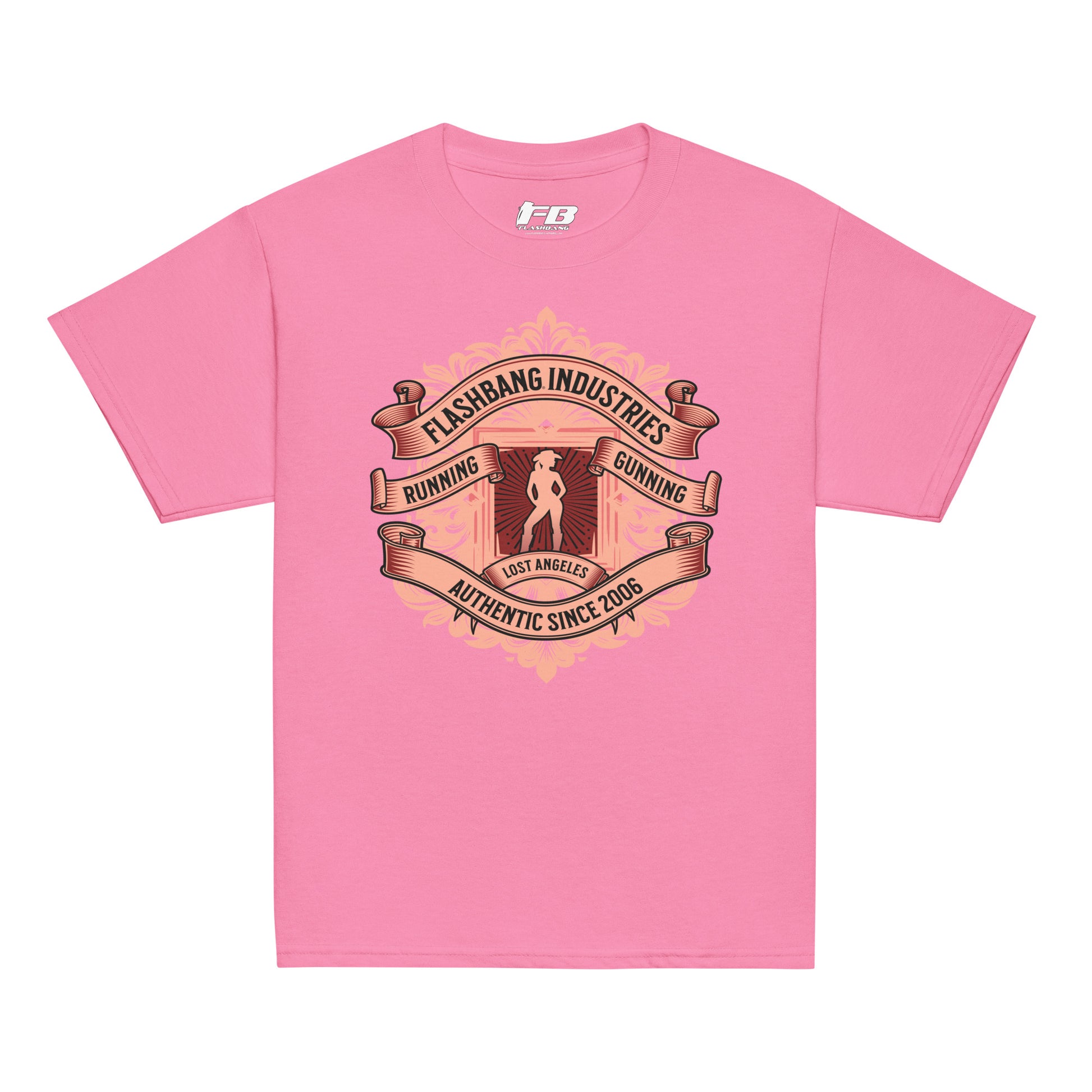 Pink t-shirt with graphic design and text on a white background