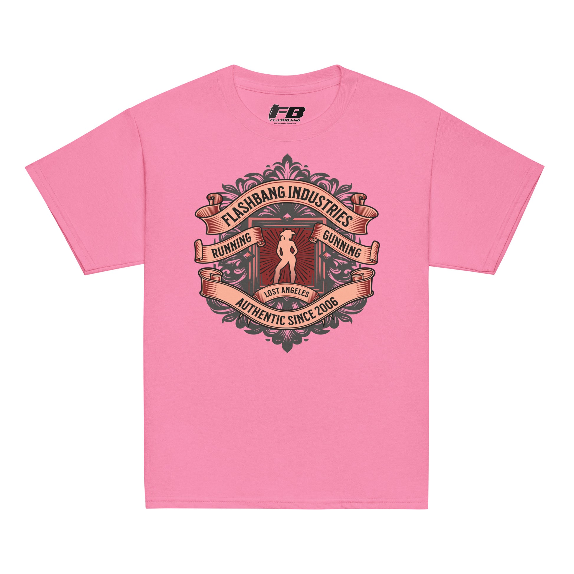Pink t-shirt with graphic design and text on a white background