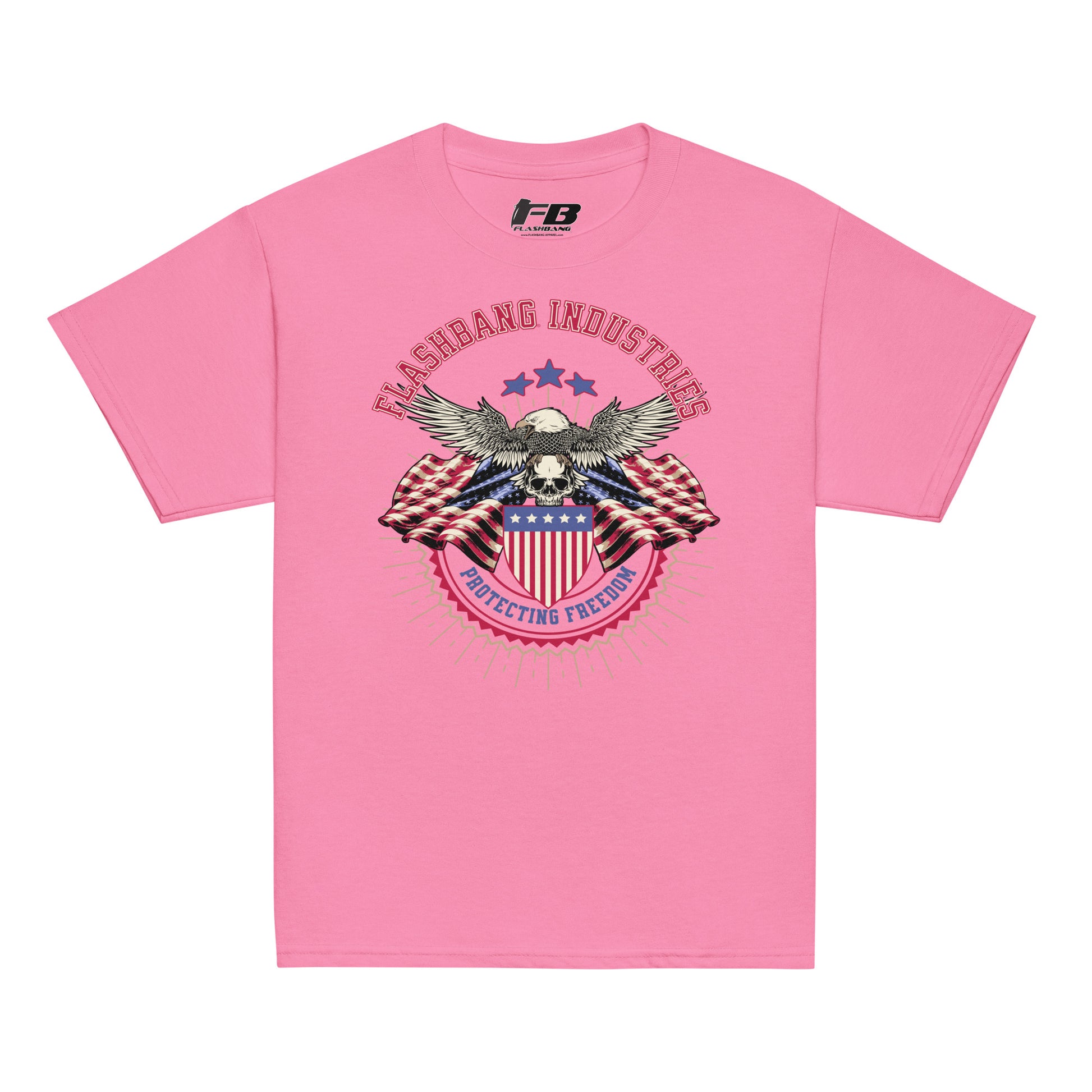 Pink t-shirt with 'Flashbang Industries' graphic design featuring an eagle and American flag on a white background.