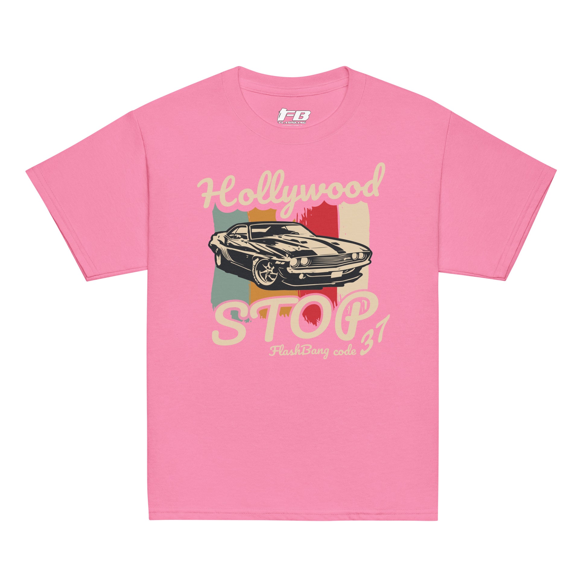Pink t-shirt with a vintage car graphic and text on a white background