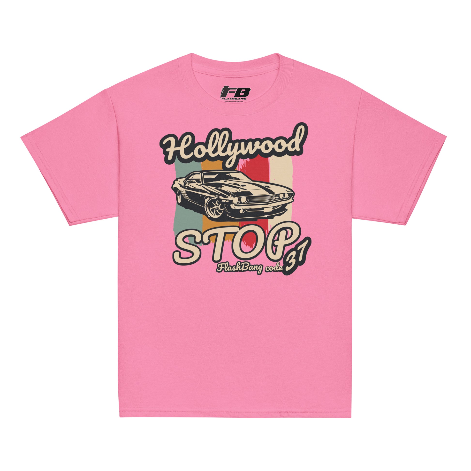 Pink t-shirt with a graphic design of a car and text on a white background