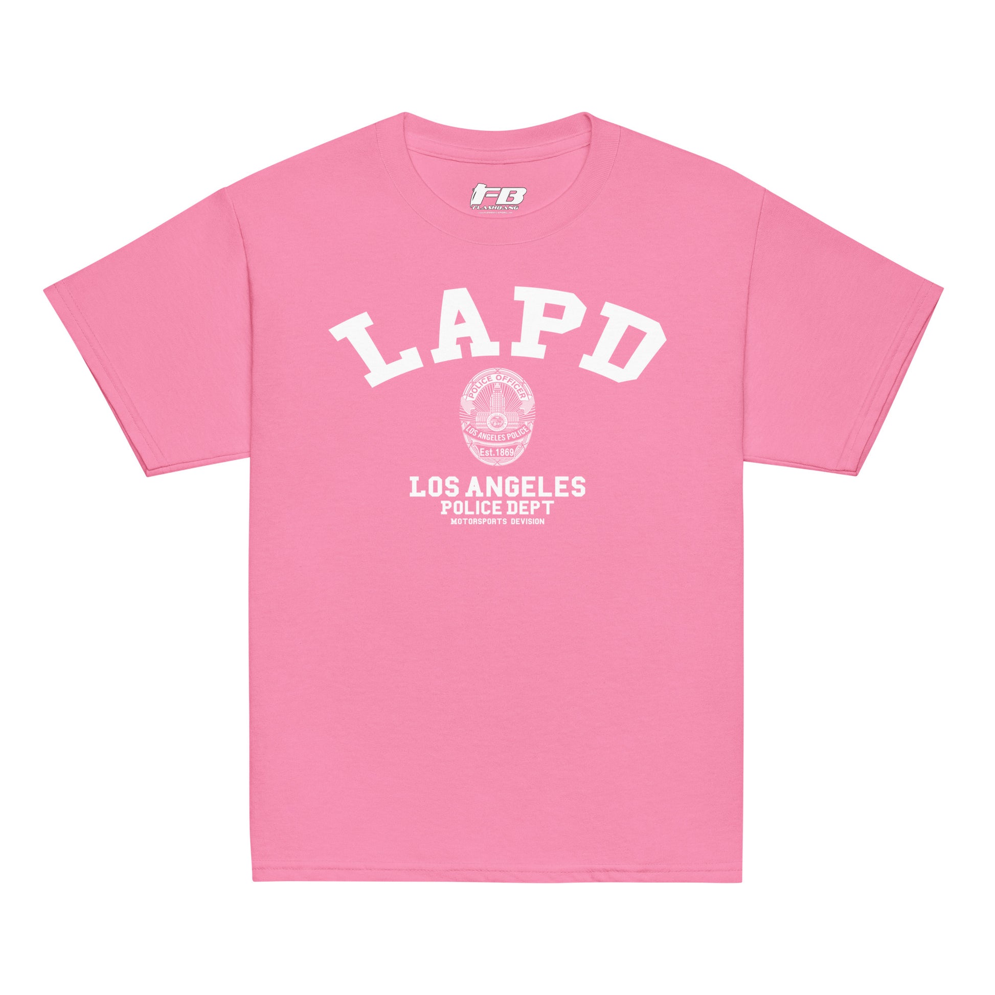 Pink t-shirt with LAPD Los Angeles Police Dept logo on a white background
