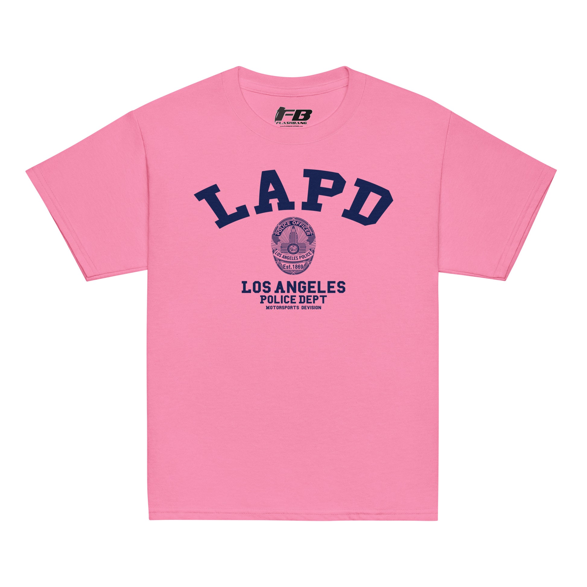 Pink t-shirt with LAPD Los Angeles Police Dept logo on a white background