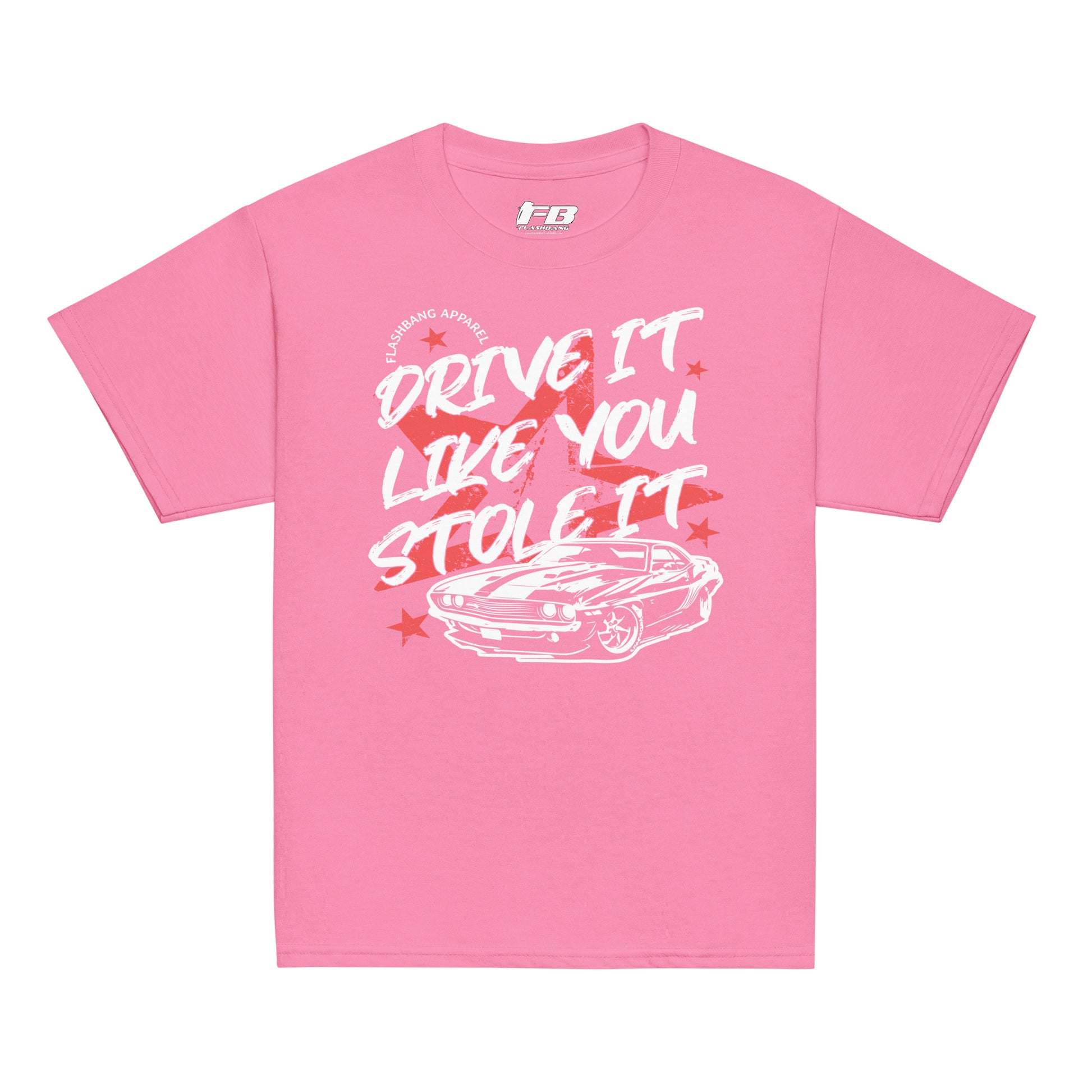 Pink t-shirt with white graphic and text on a white background