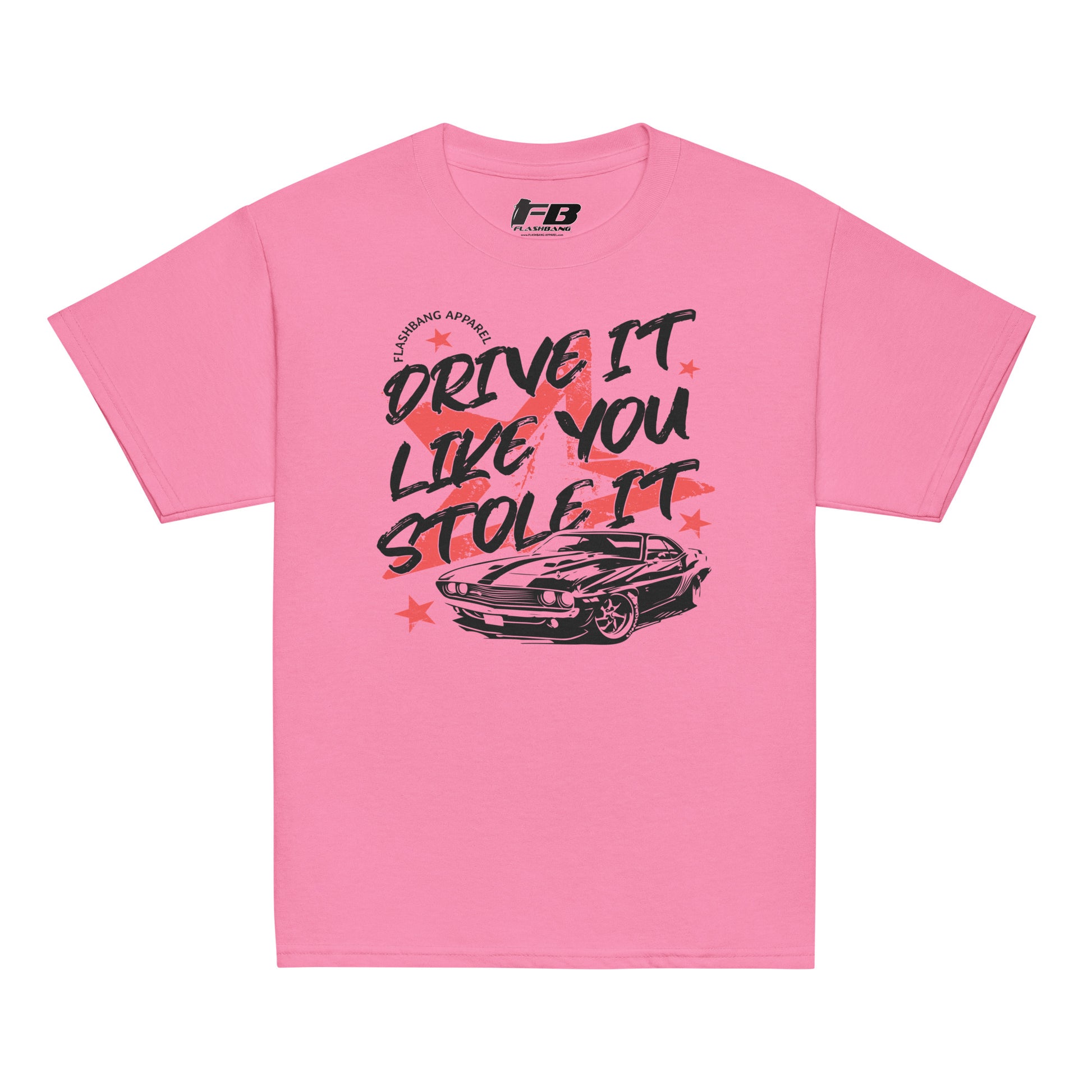 Pink t-shirt with graphic design and text on a white background