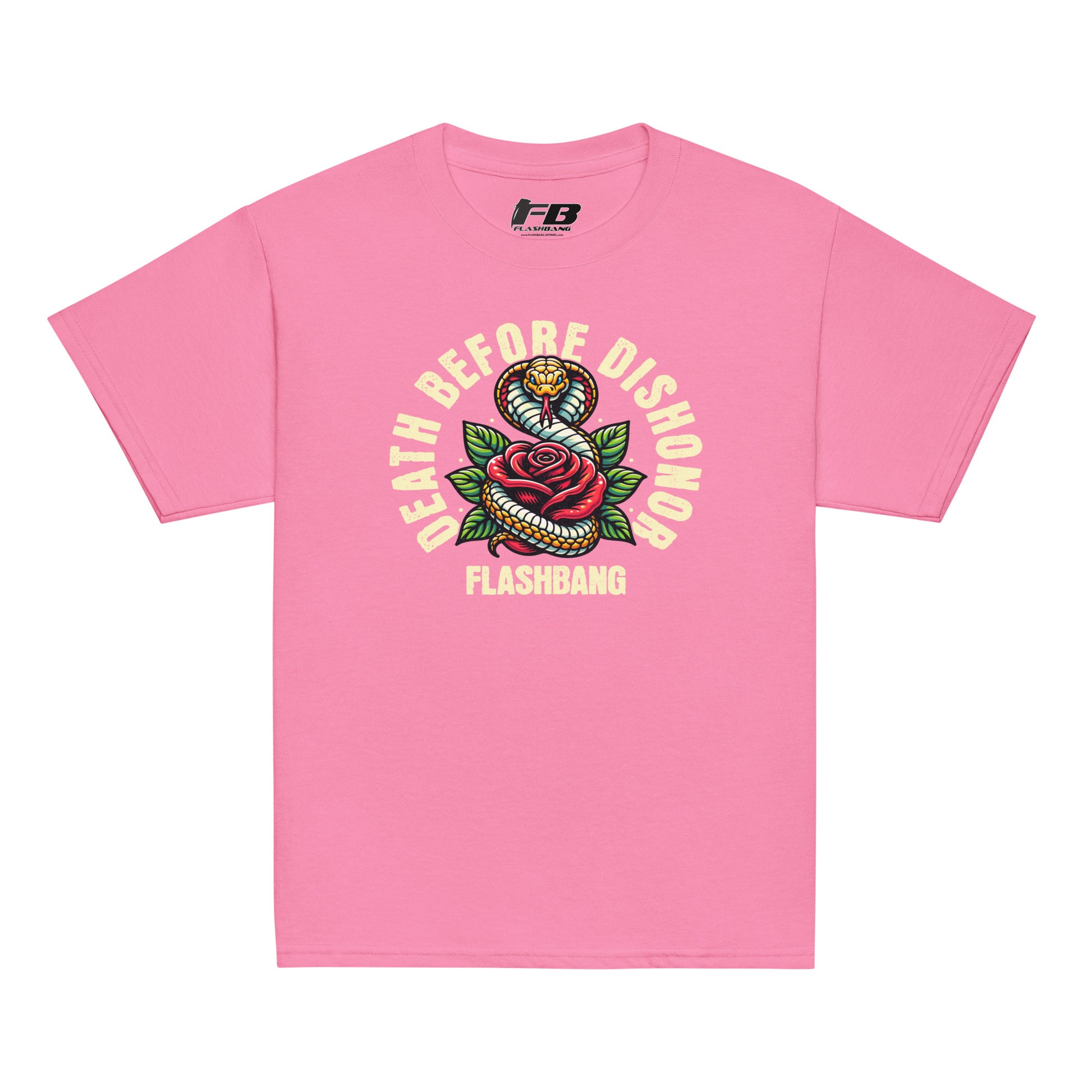 Pink t-shirt with 'Death Before Dishonor' graphic design on a white background