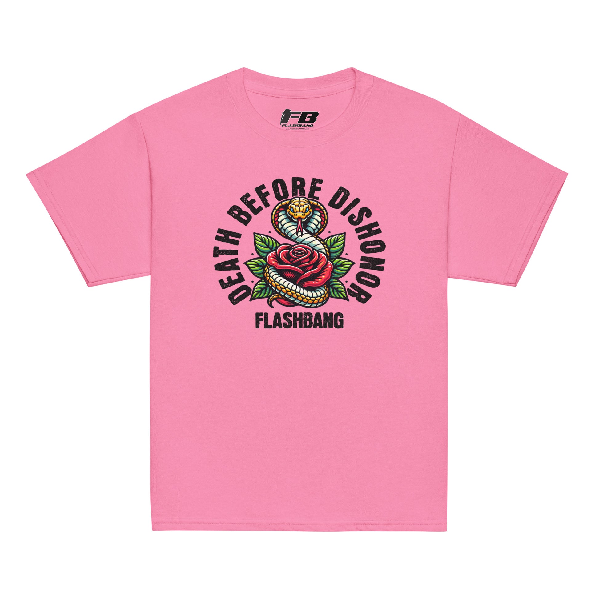 Pink t-shirt with 'Death Before Dishonor' graphic design on a white background