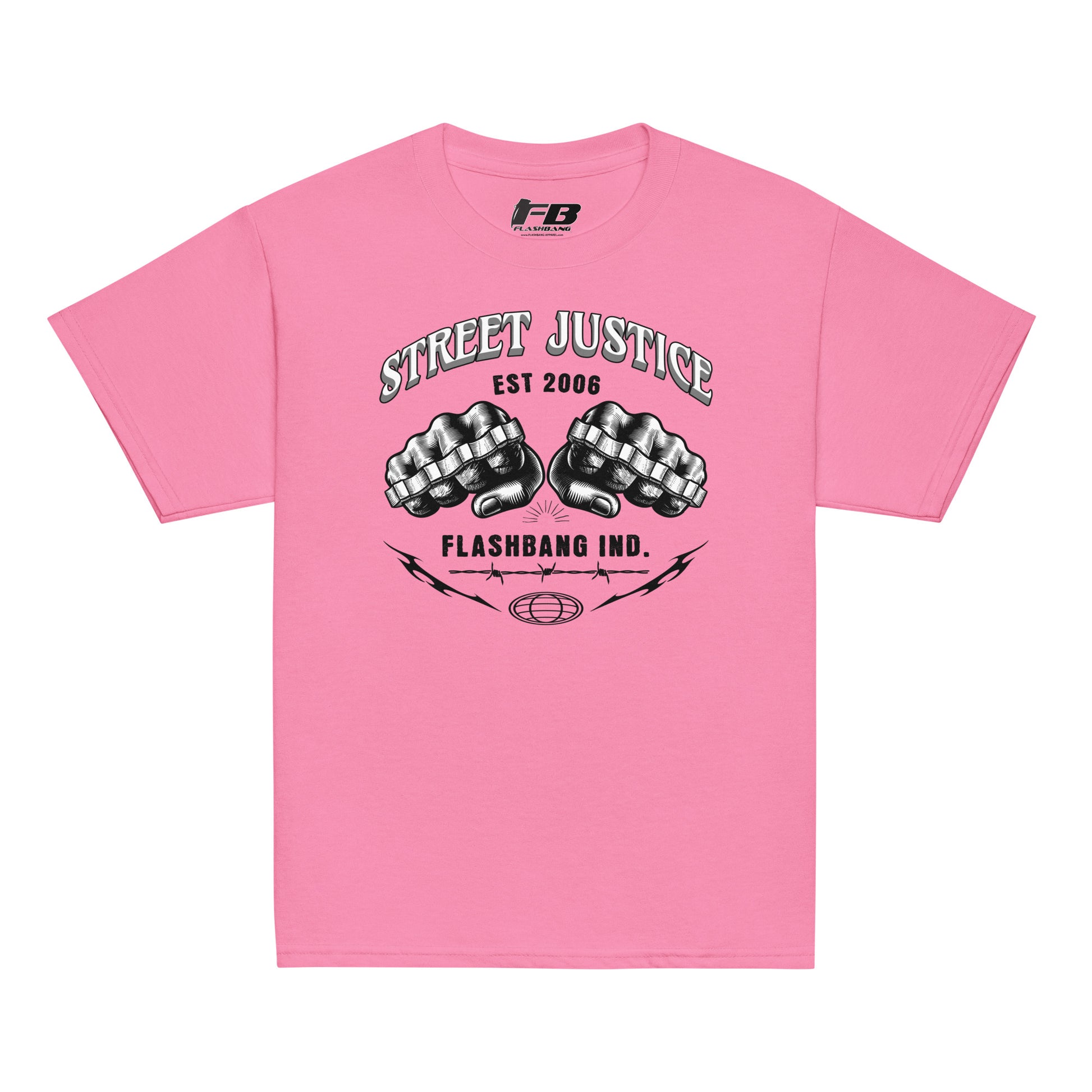 Pink t-shirt with 'Street Justice' and 'Flashbang Ind.' design on a white background