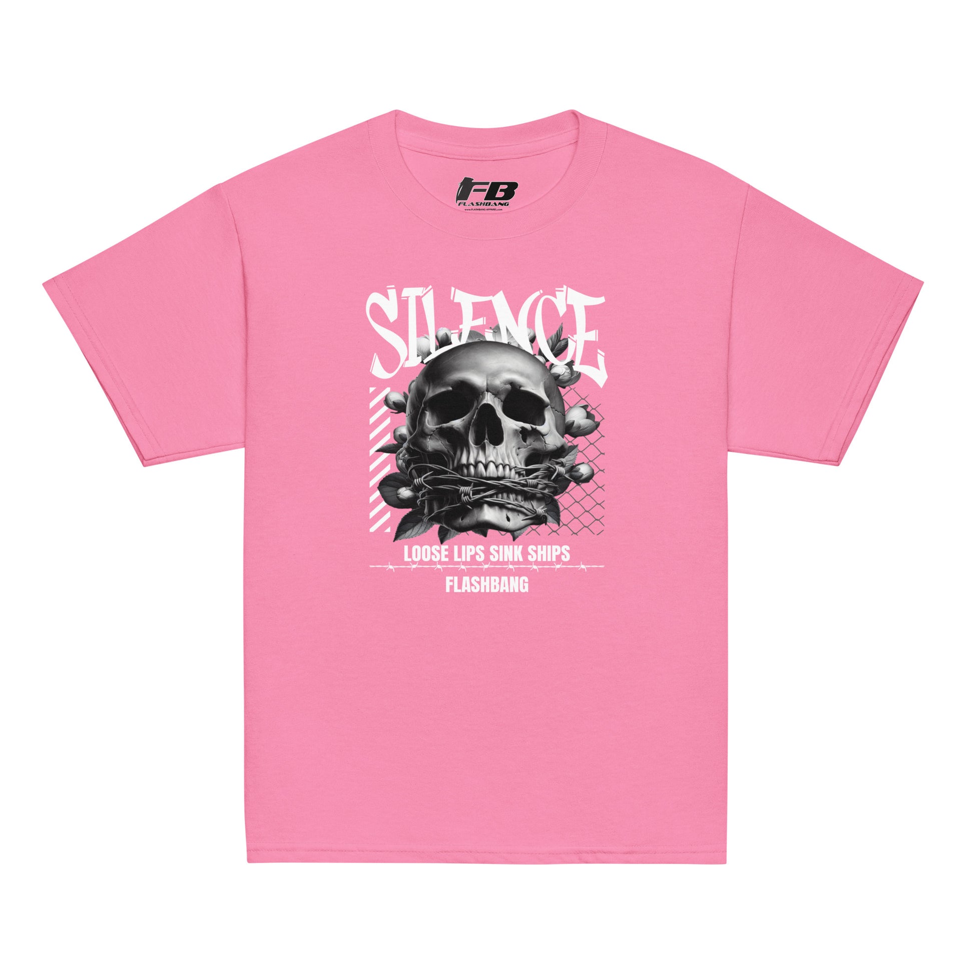 Pink t-shirt with a skull graphic and text on a white background
