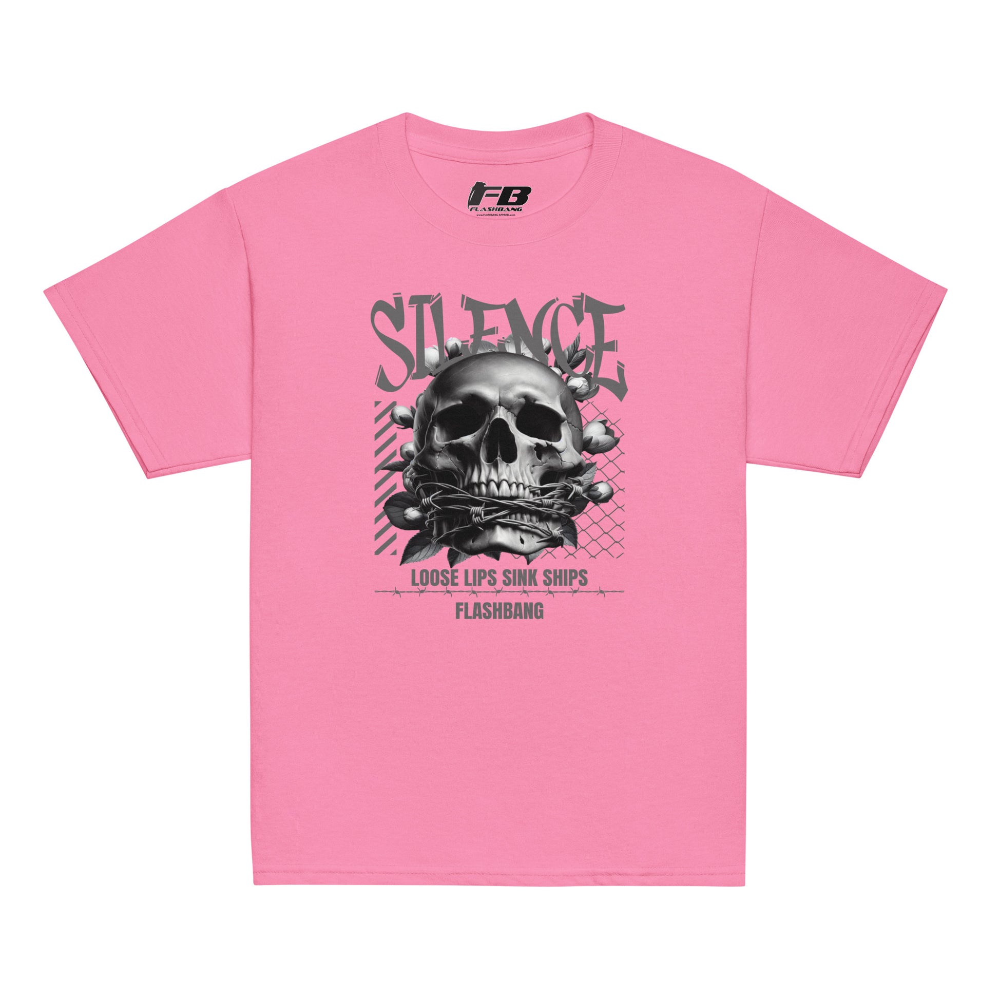 Pink t-shirt with a skull graphic and text on a white background