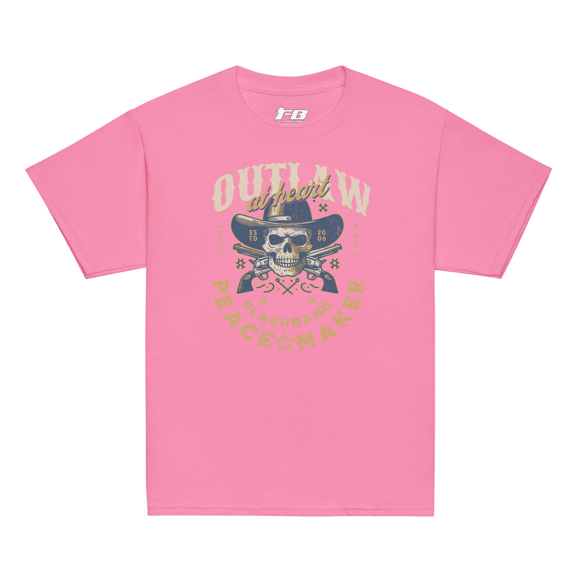 Pink t-shirt with skull and crossbones design on a white background
