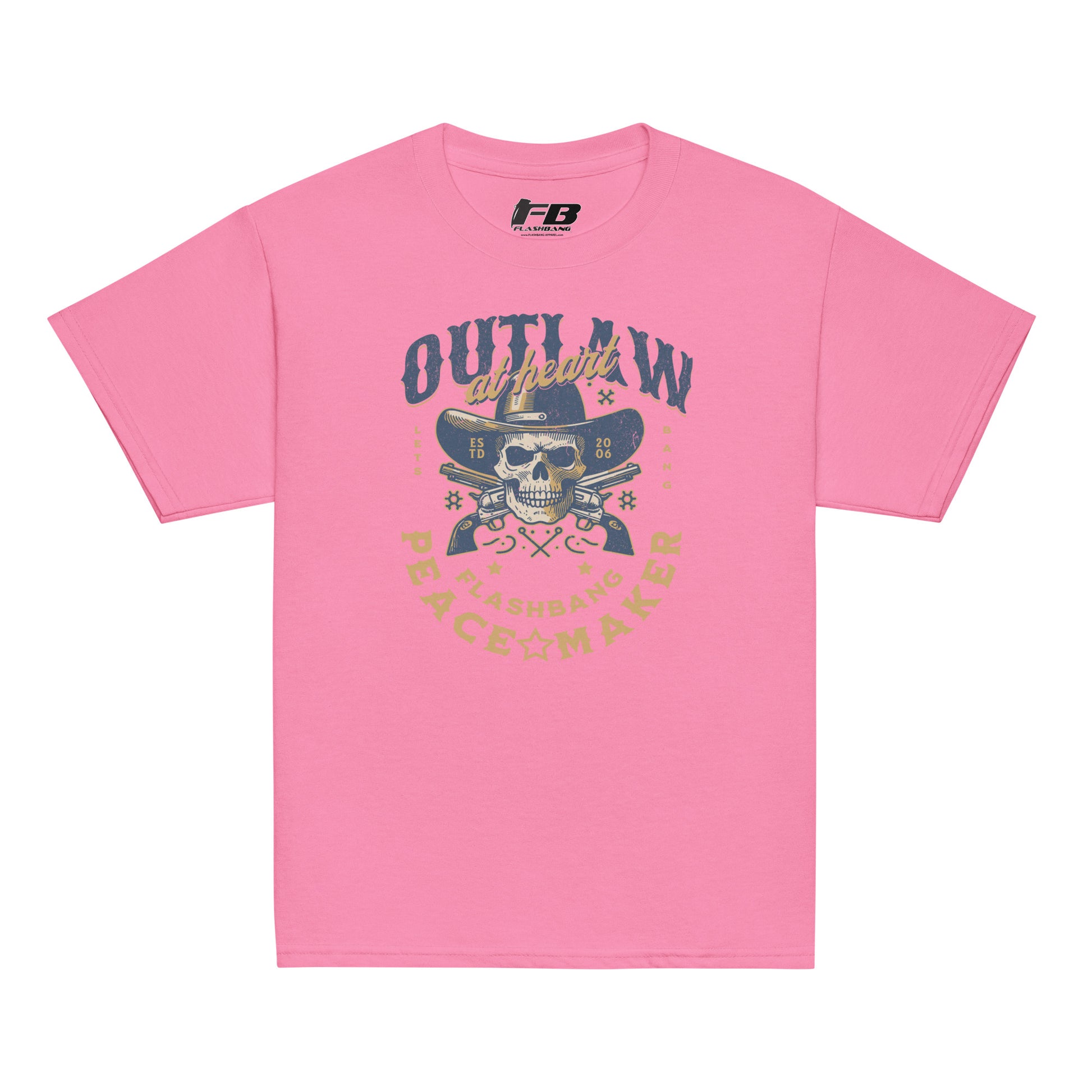 Pink t-shirt with a skull and hat graphic and text on a white background