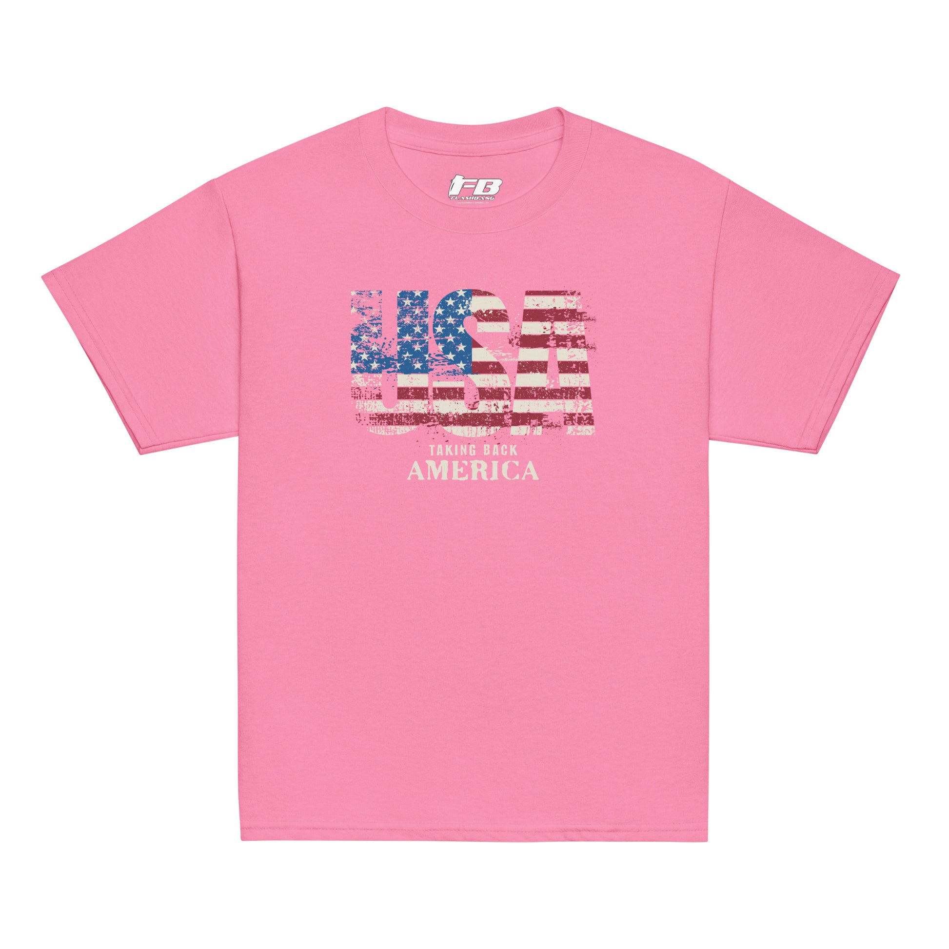 Pink t-shirt with American flag design and text on a white background
