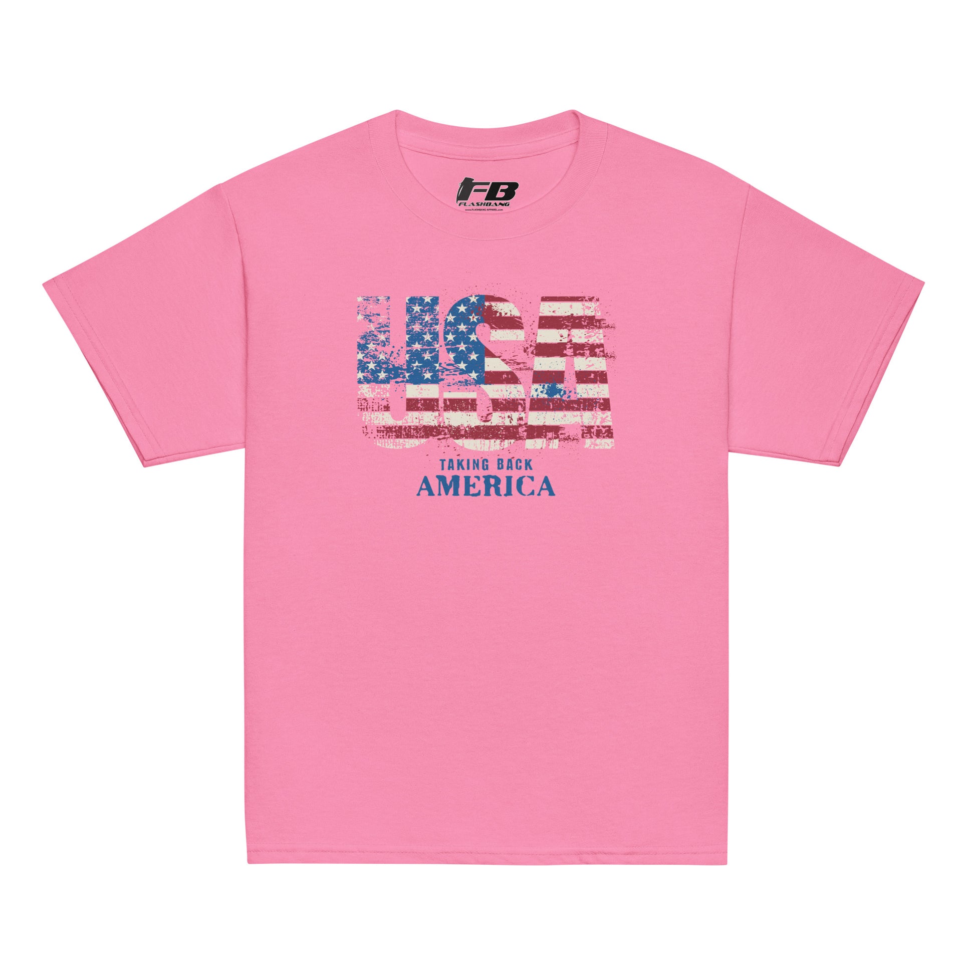Pink t-shirt with American flag design and text on a white background