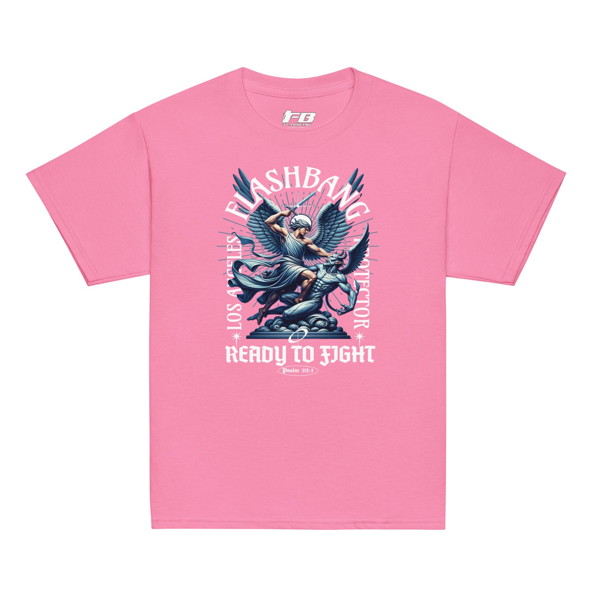 Pink t-shirt with graphic design and text on a white background
