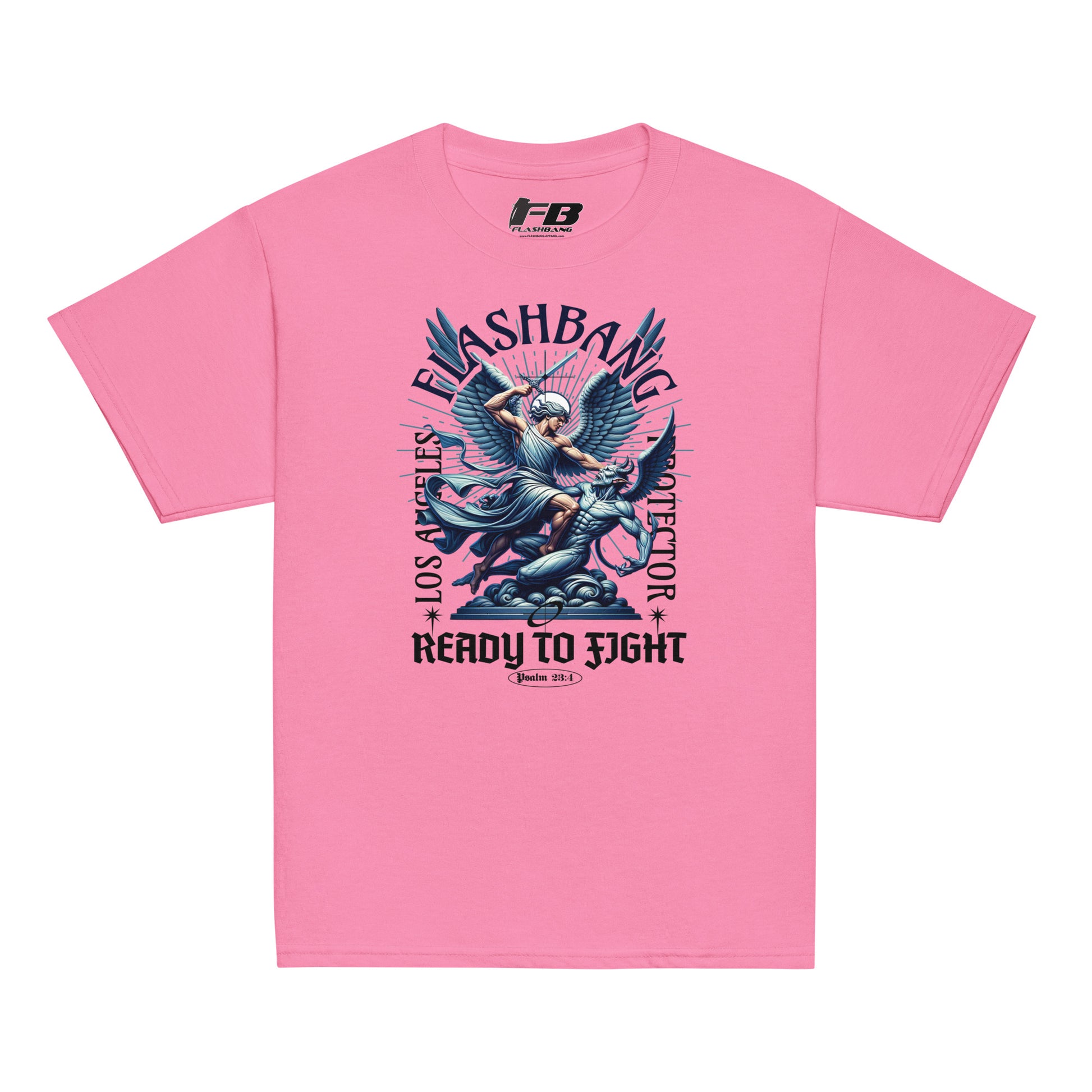 Pink t-shirt with graphic design and text on a white background