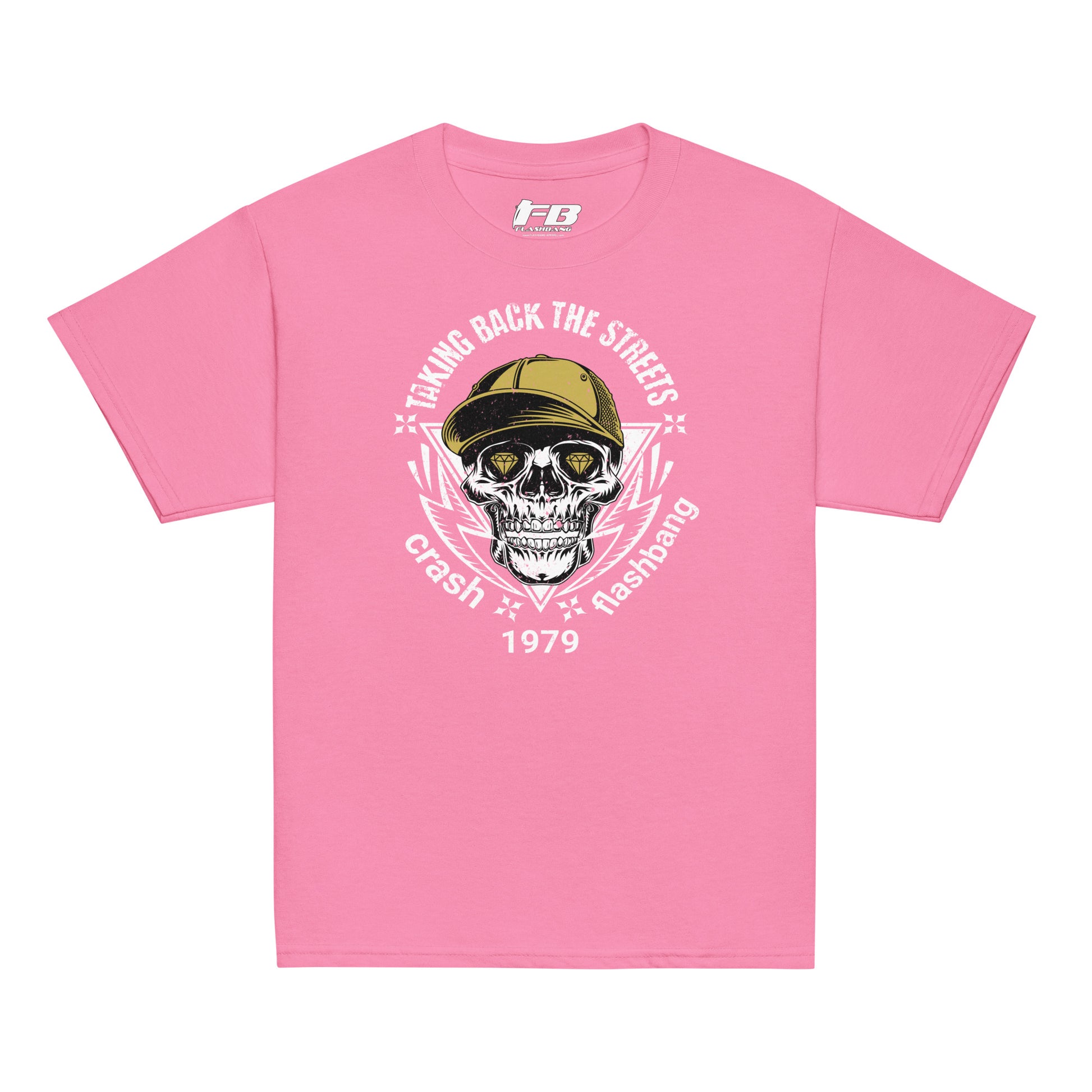 Pink t-shirt with skull graphic and text on a white background