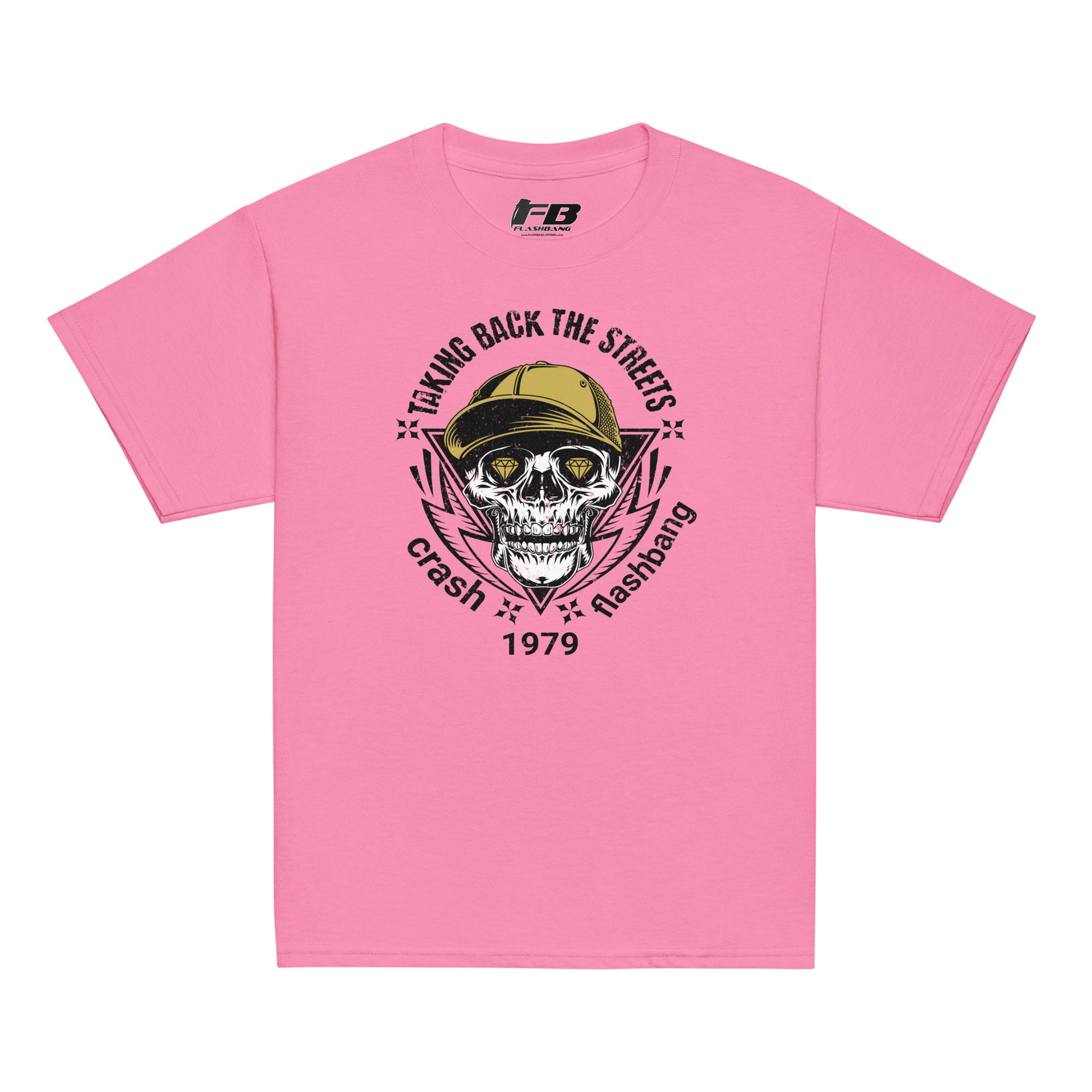 Pink t-shirt with skull graphic and text on a white background