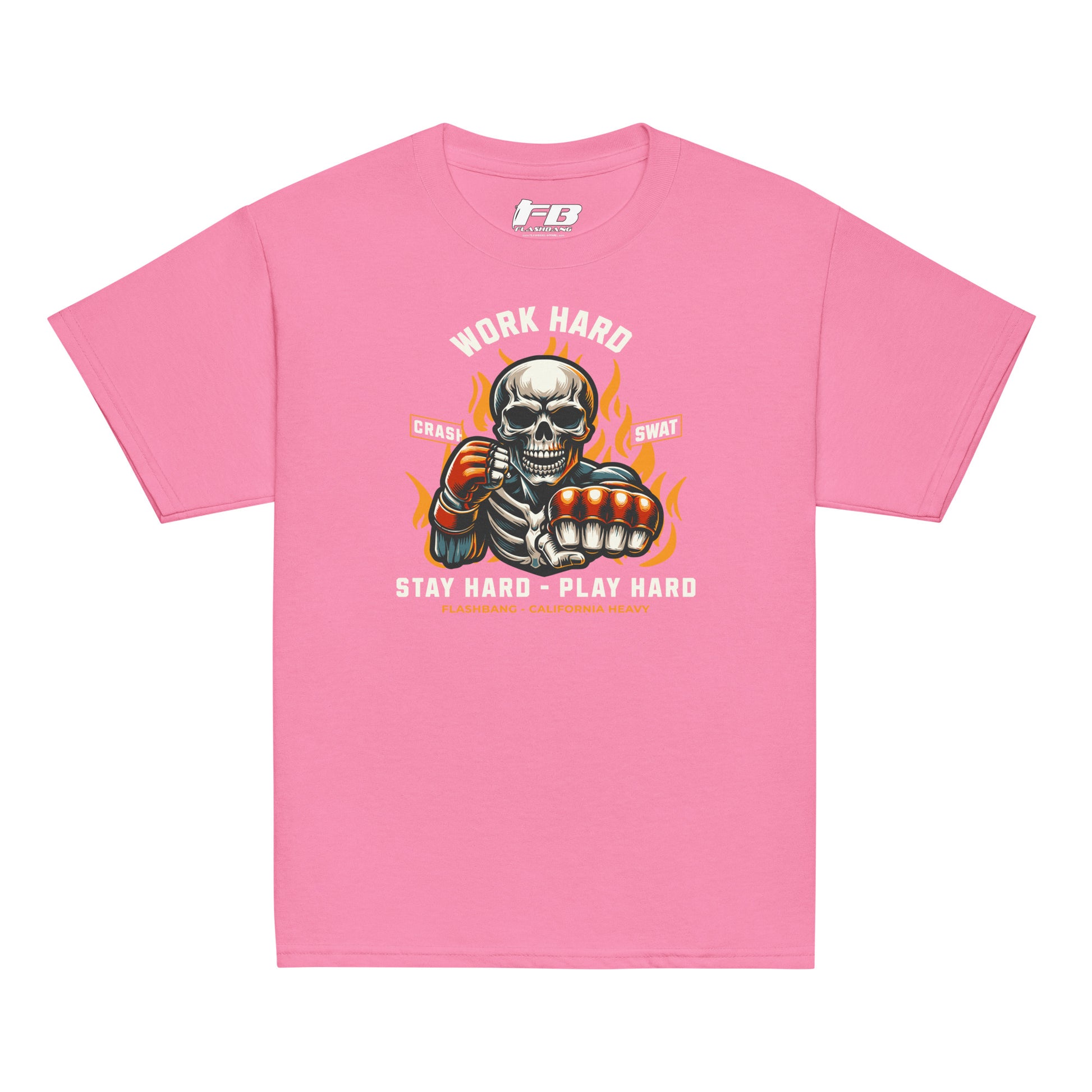 Pink t-shirt with a graphic design featuring a skeleton and text on a white background