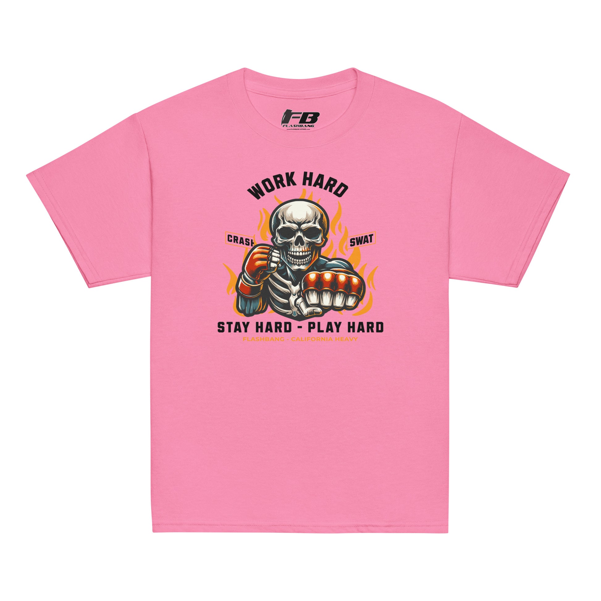 Pink t-shirt with a graphic design featuring a skeleton and text on a white background