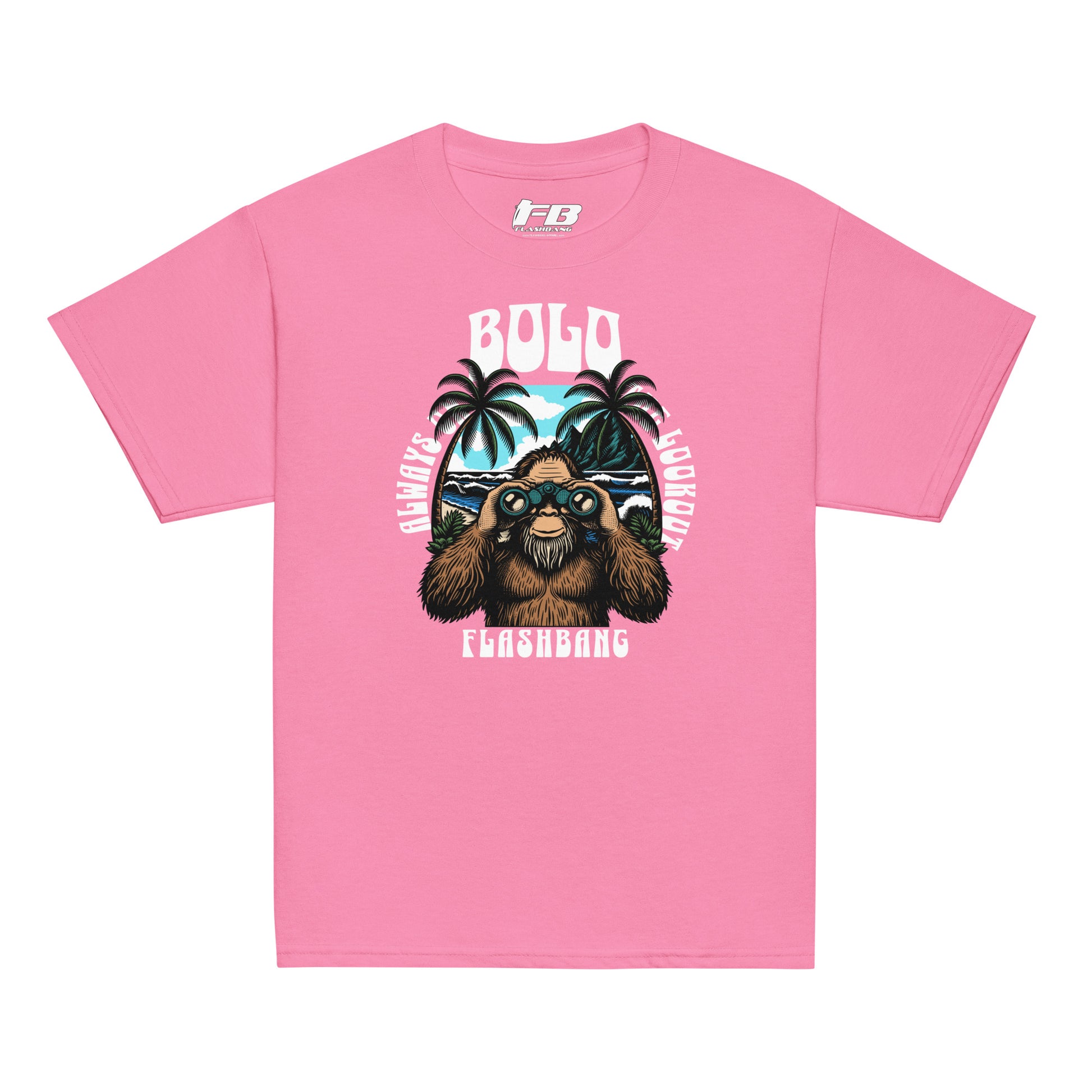 Pink t-shirt with a graphic of a sloth, sunglasses, and palm trees on a white background.