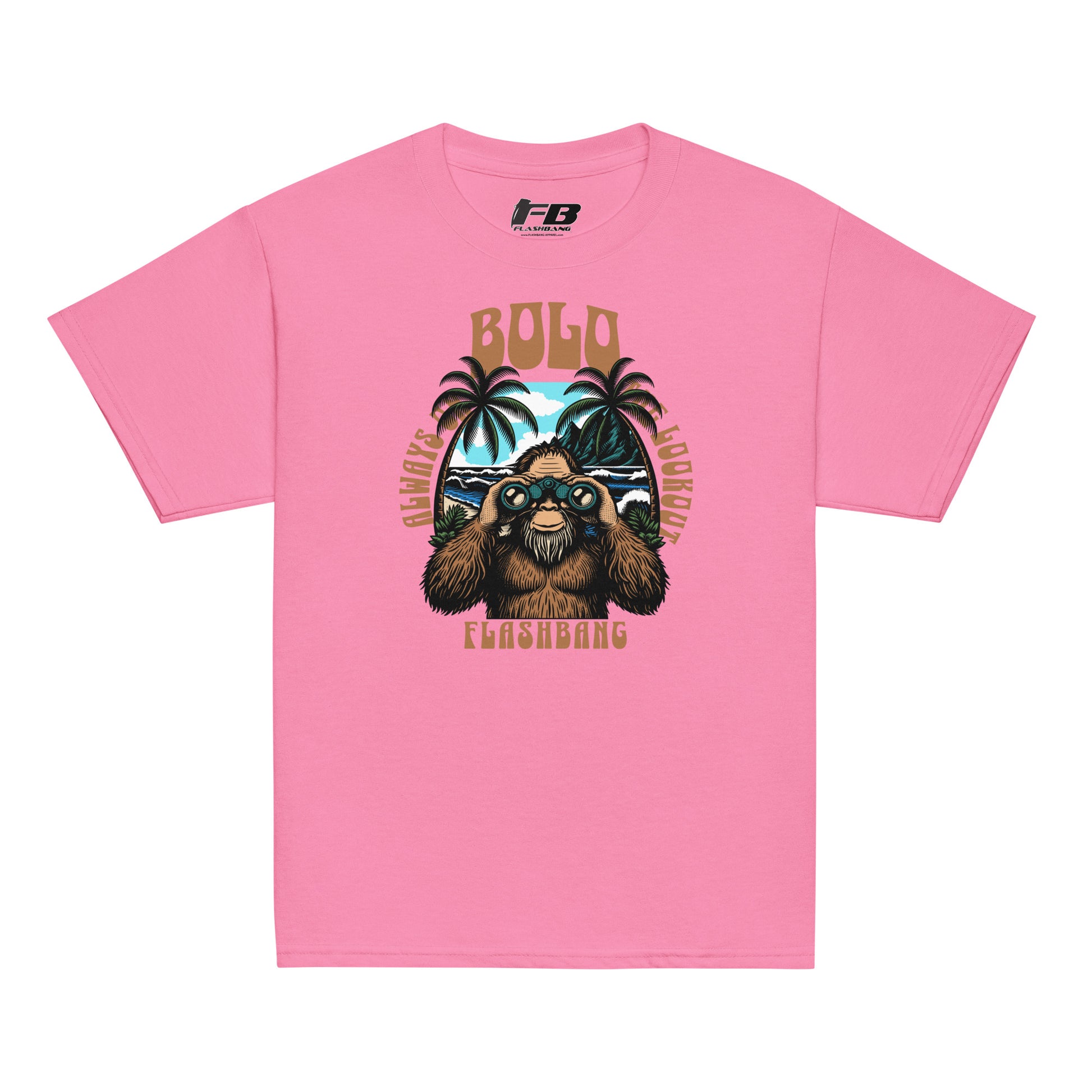 Pink t-shirt with a graphic design of a dog wearing sunglasses and palm trees on a white background.