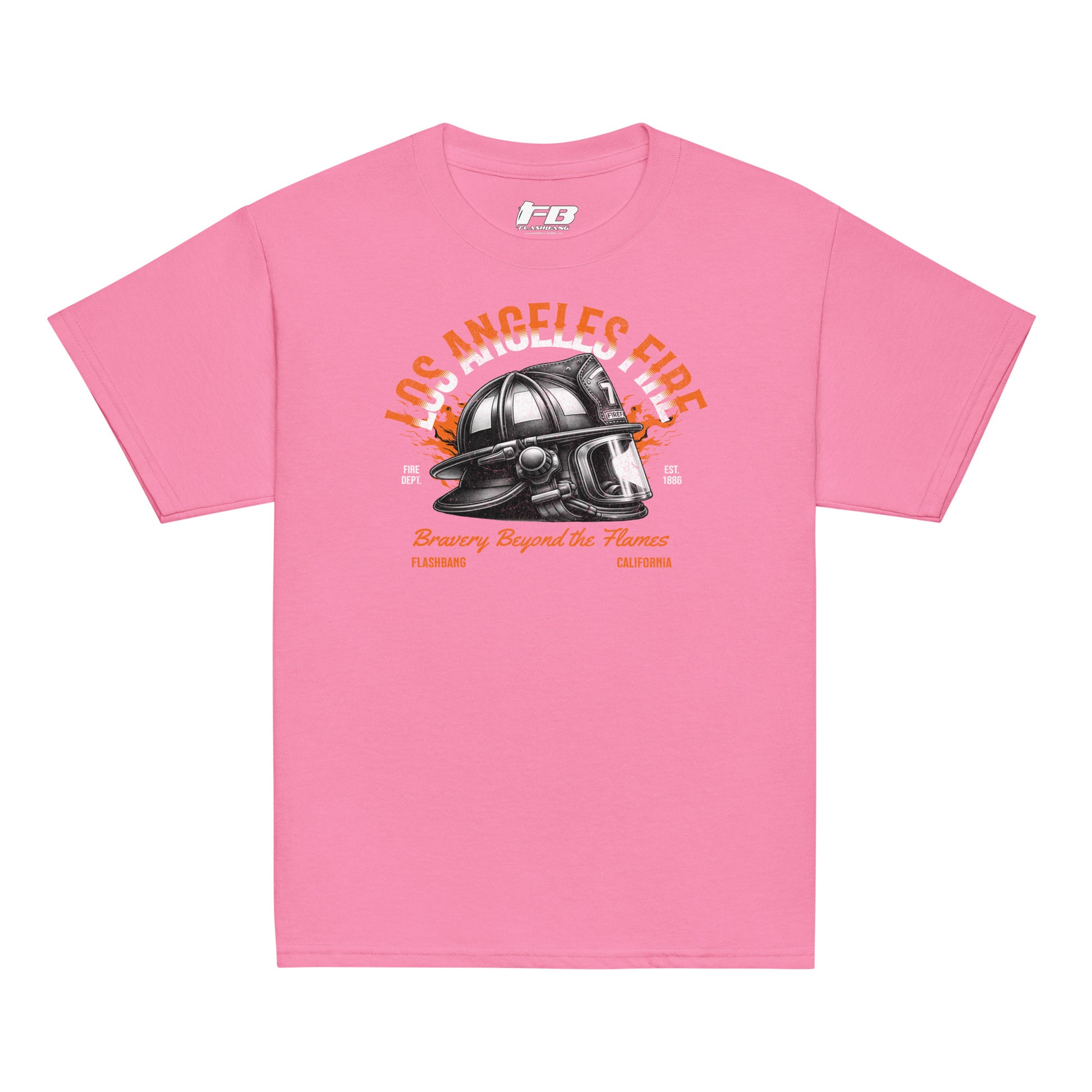 Pink t-shirt with a fire helmet graphic and text on a white background