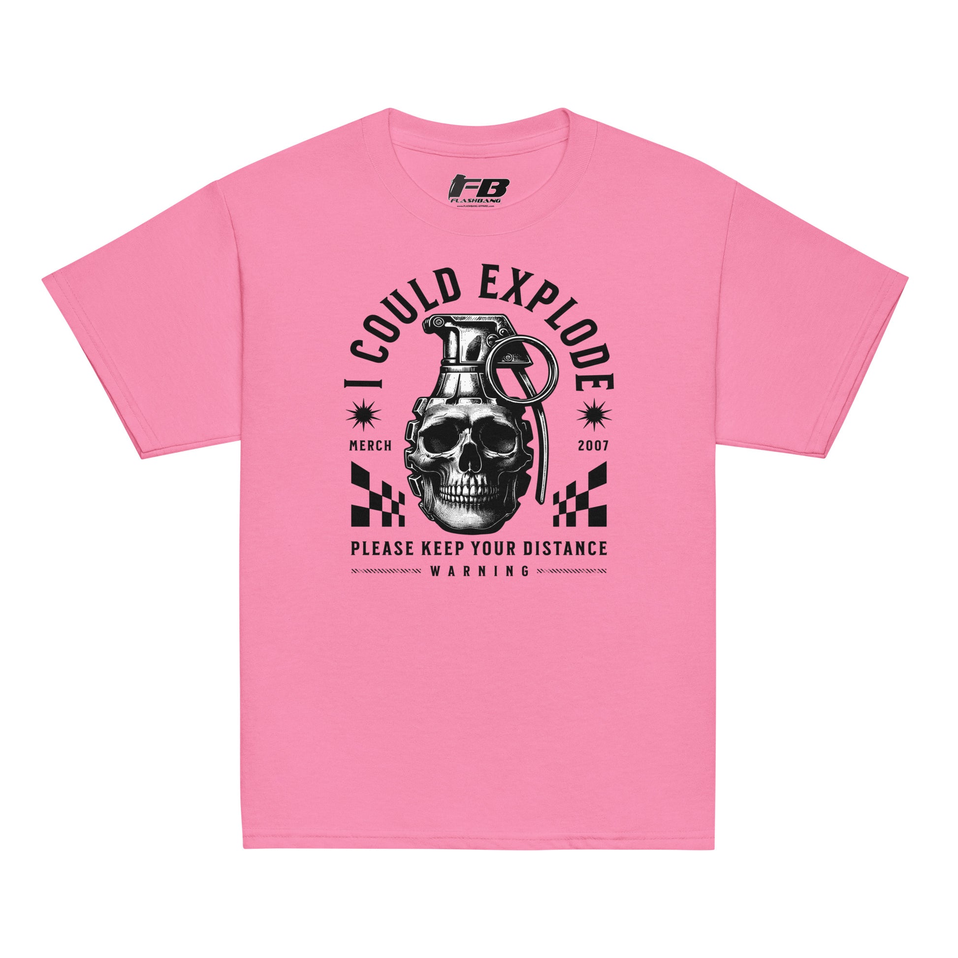 Pink t-shirt with a graphic design featuring a skull and grenade on a white background