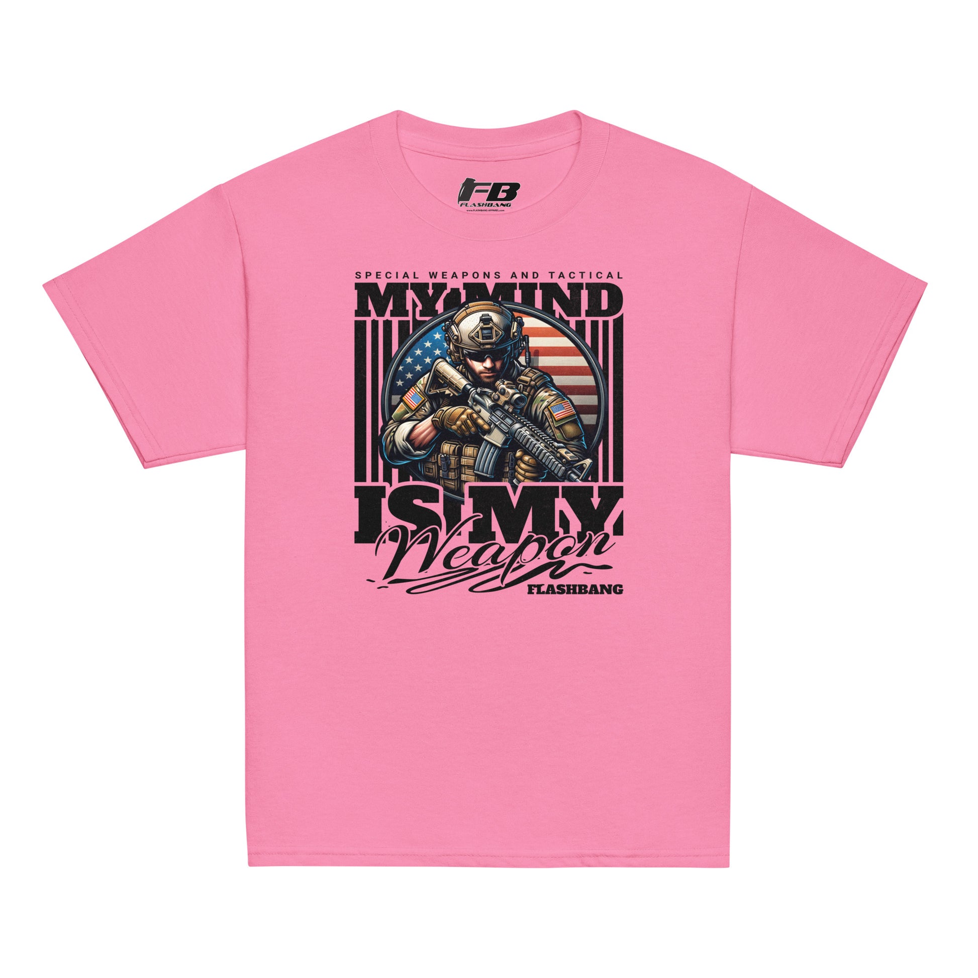 Pink t-shirt with graphic design and text on a white background