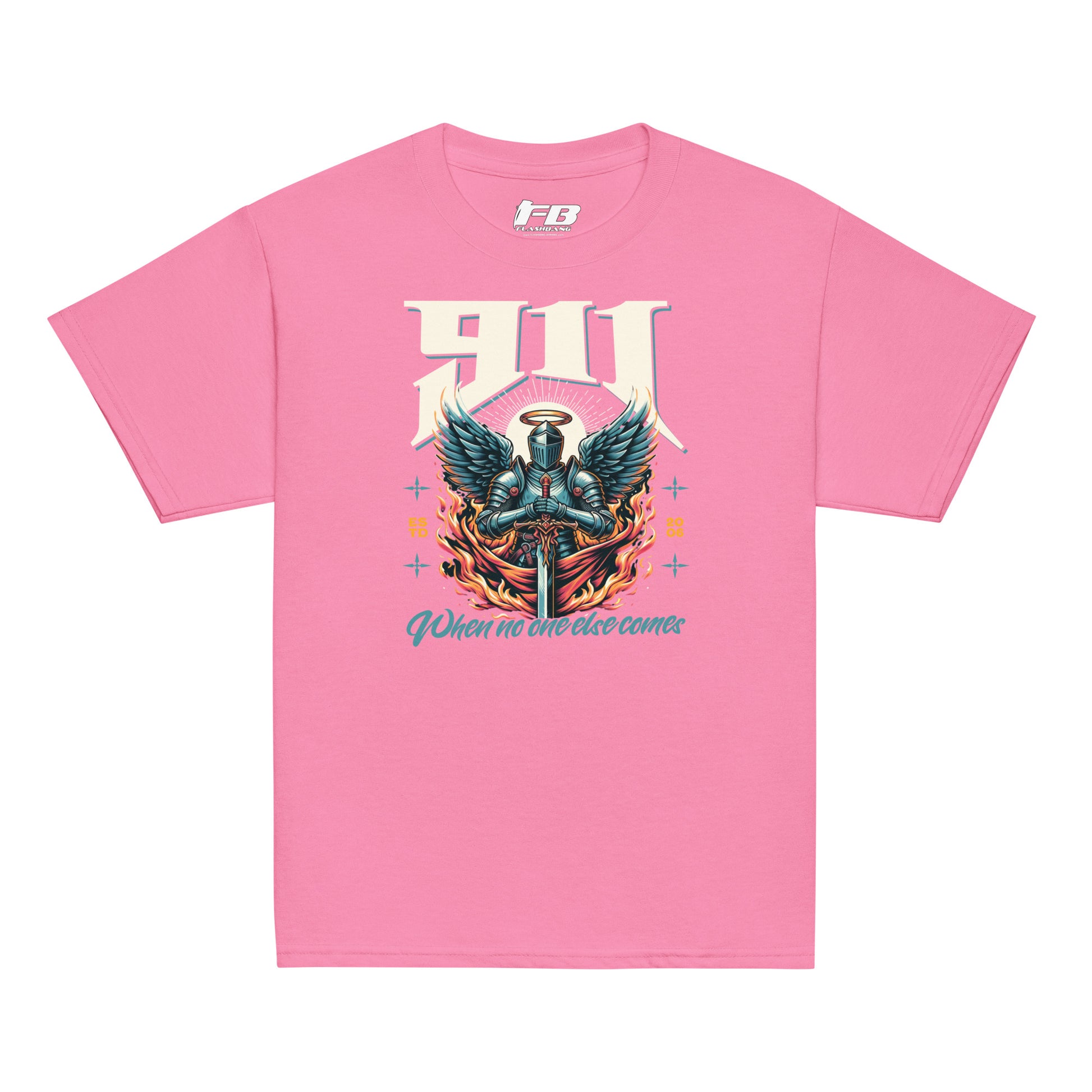 Pink t-shirt with graphic design and text on a white background