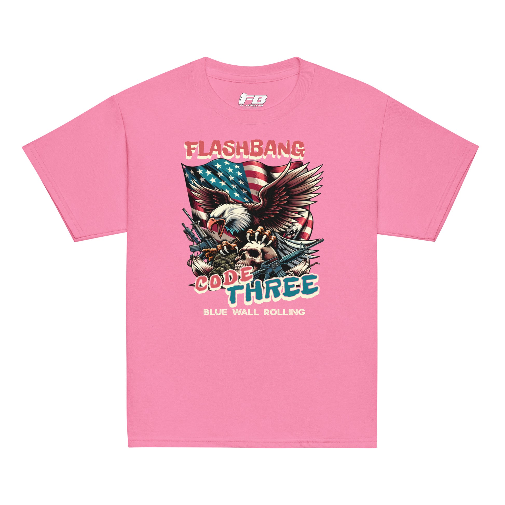 Pink t-shirt with graphic design featuring an eagle and American flag on a white background