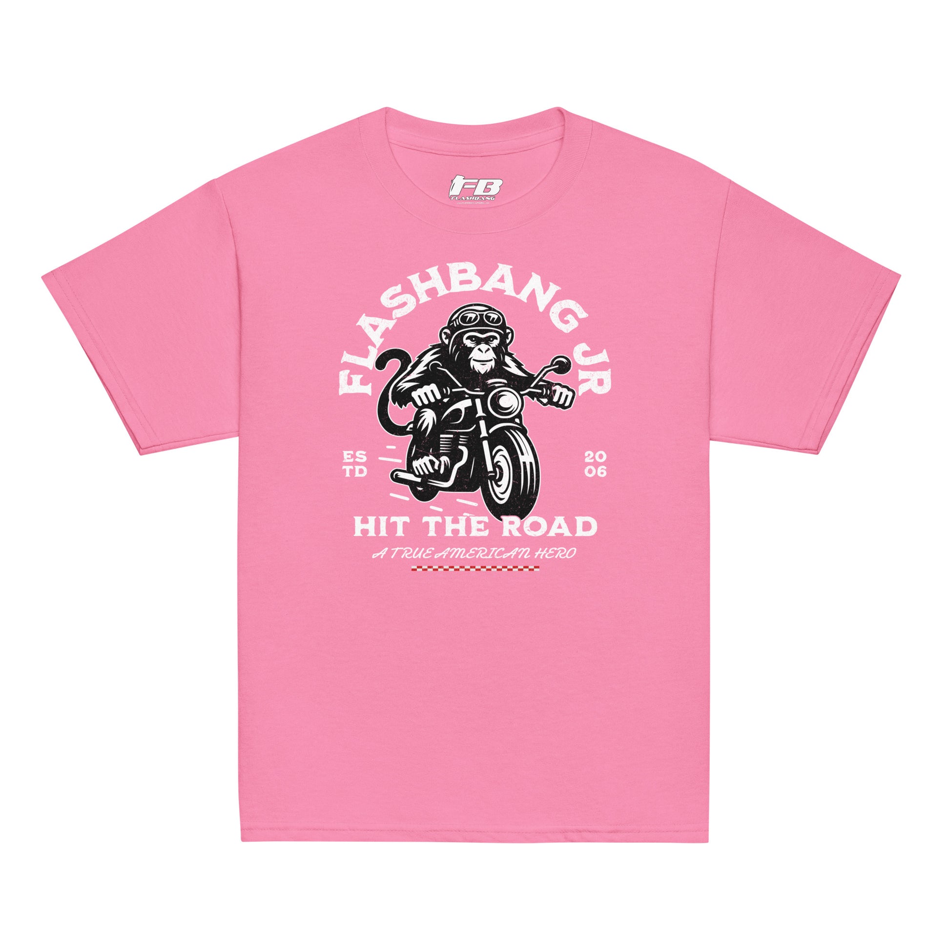 Pink t-shirt with monkey on a motorcycle graphic and text on a white background