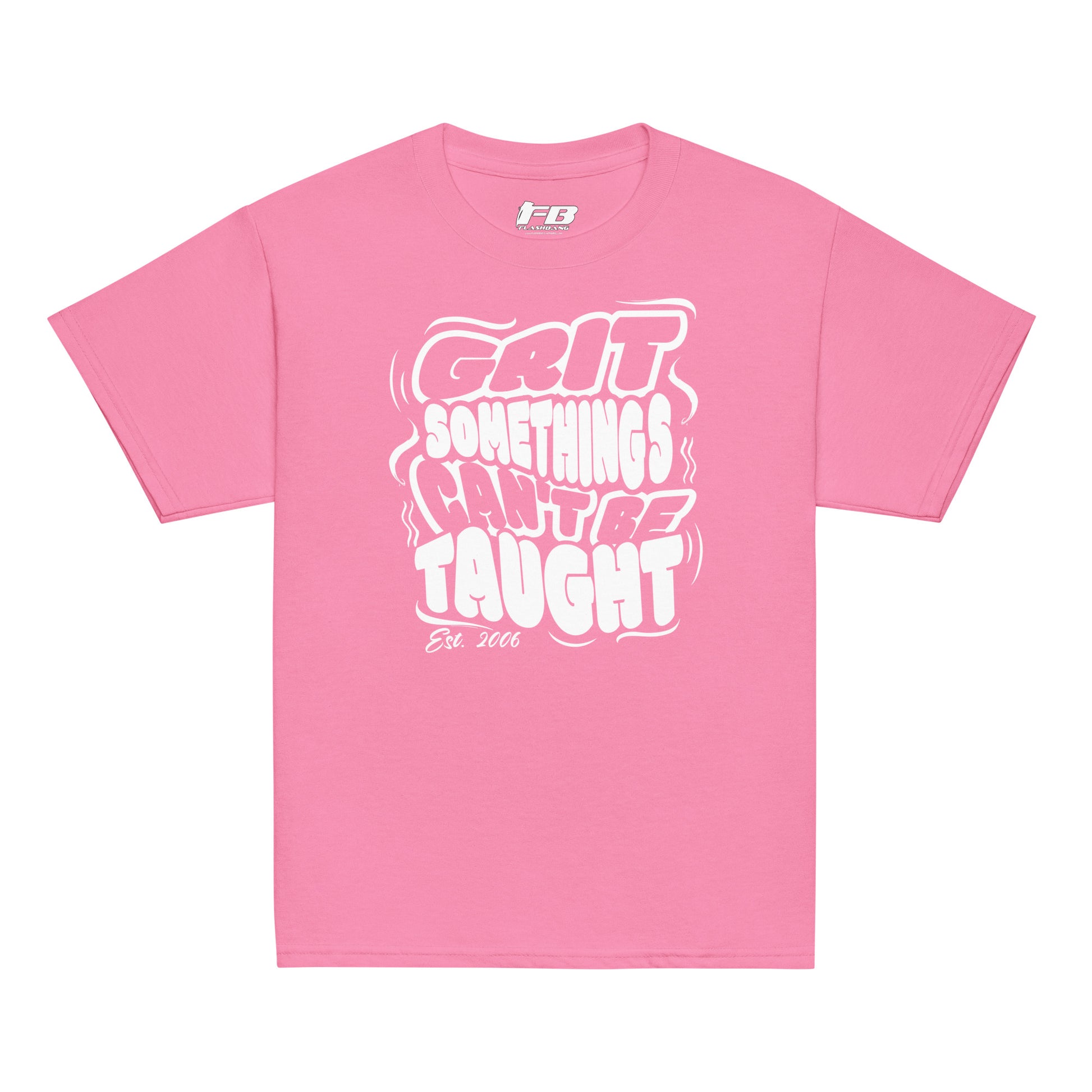Pink t-shirt with white text on a white background