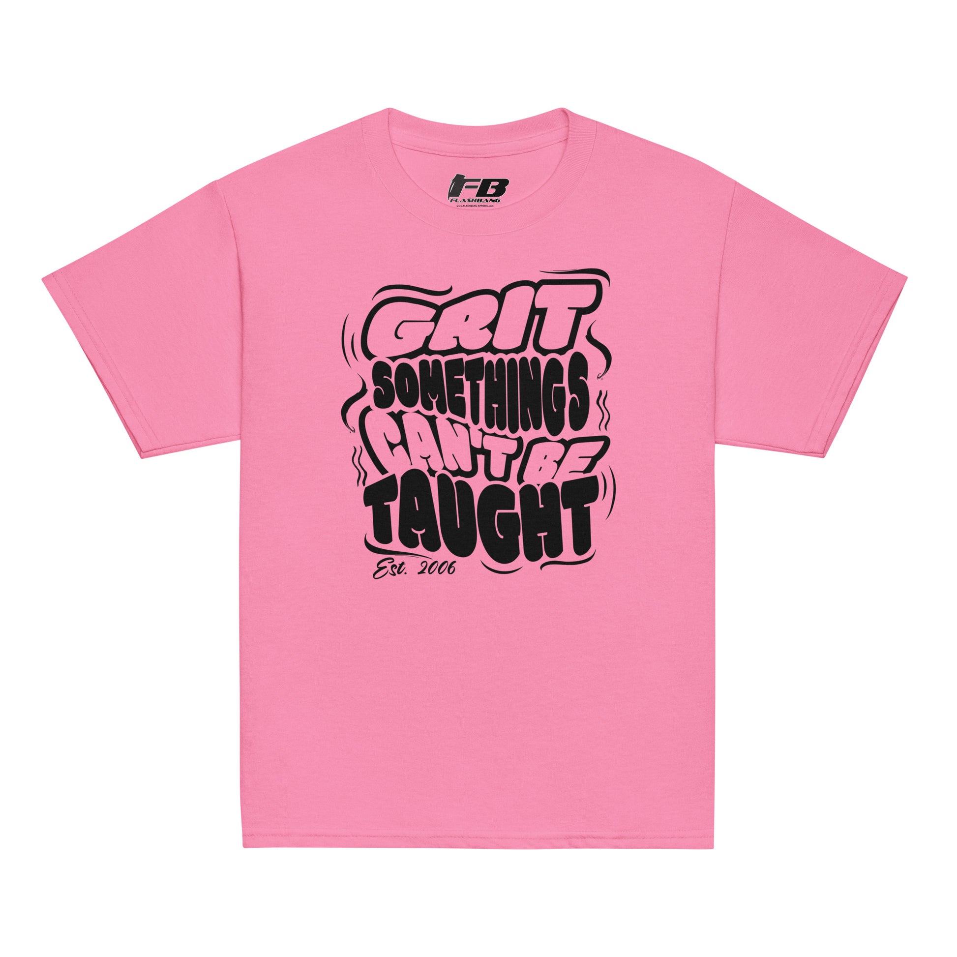 Pink t-shirt with black text and logo on a white background