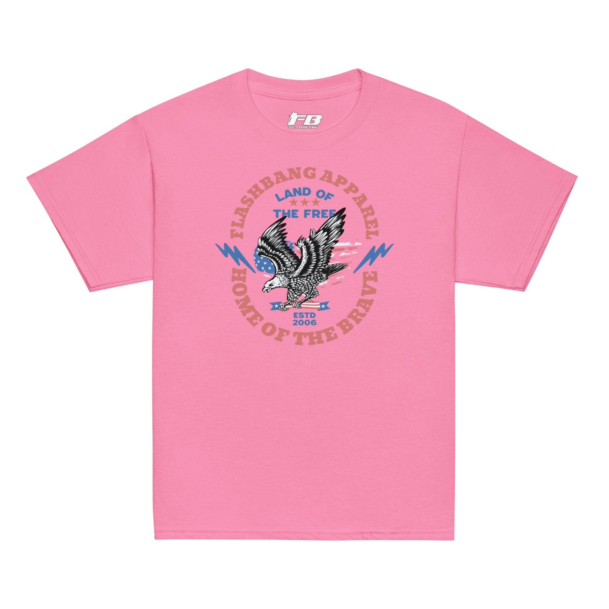 Pink t-shirt with an eagle graphic and text on a white background